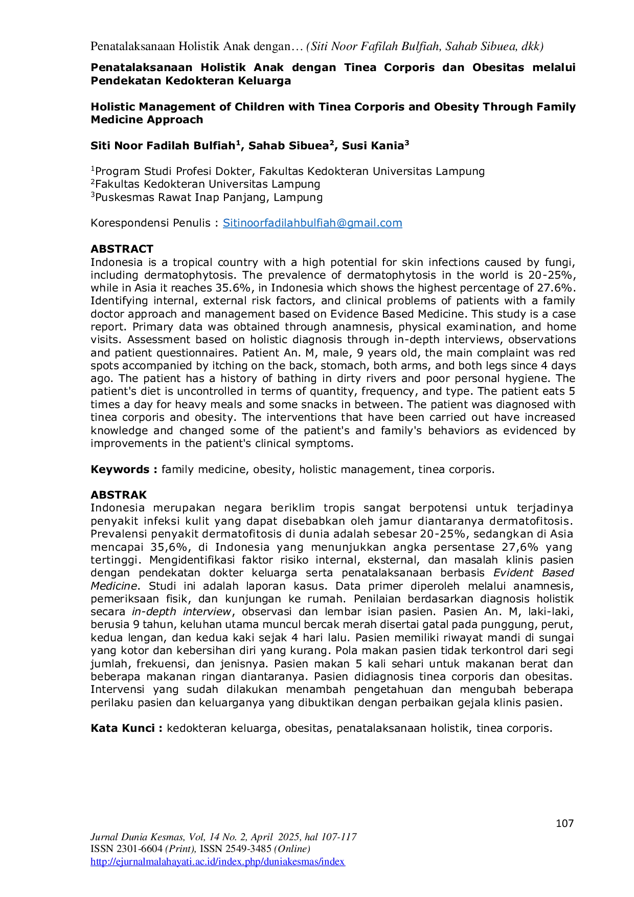 JURIS Penatalaksanaan Holistik Anak Dengan Tinea Corporis Dan Obesitas Melalui Pendekatan Kedokteran Keluarga