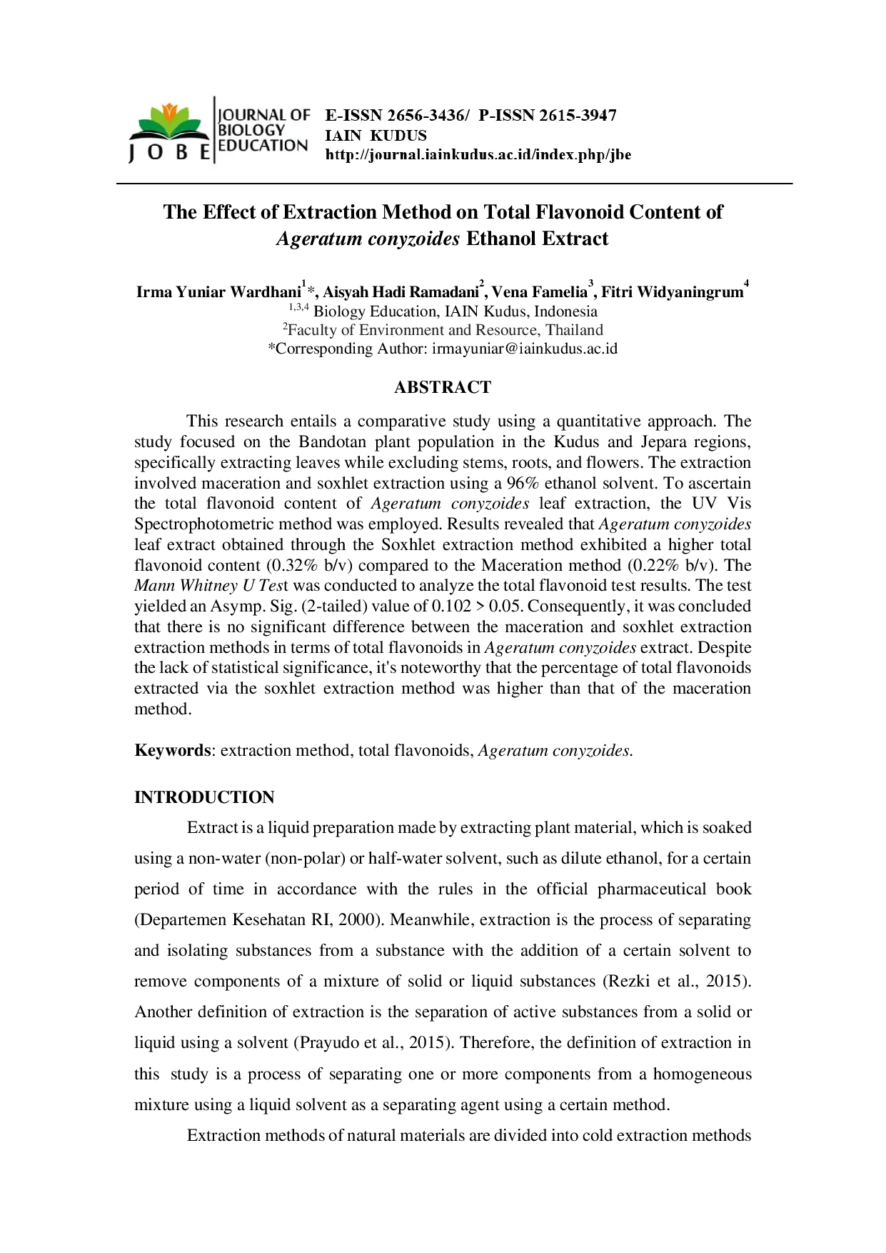 JURIS The Effect of Extraction Method on Total Flavonoid Content of Ageratum conyzoides Ethanol Extract