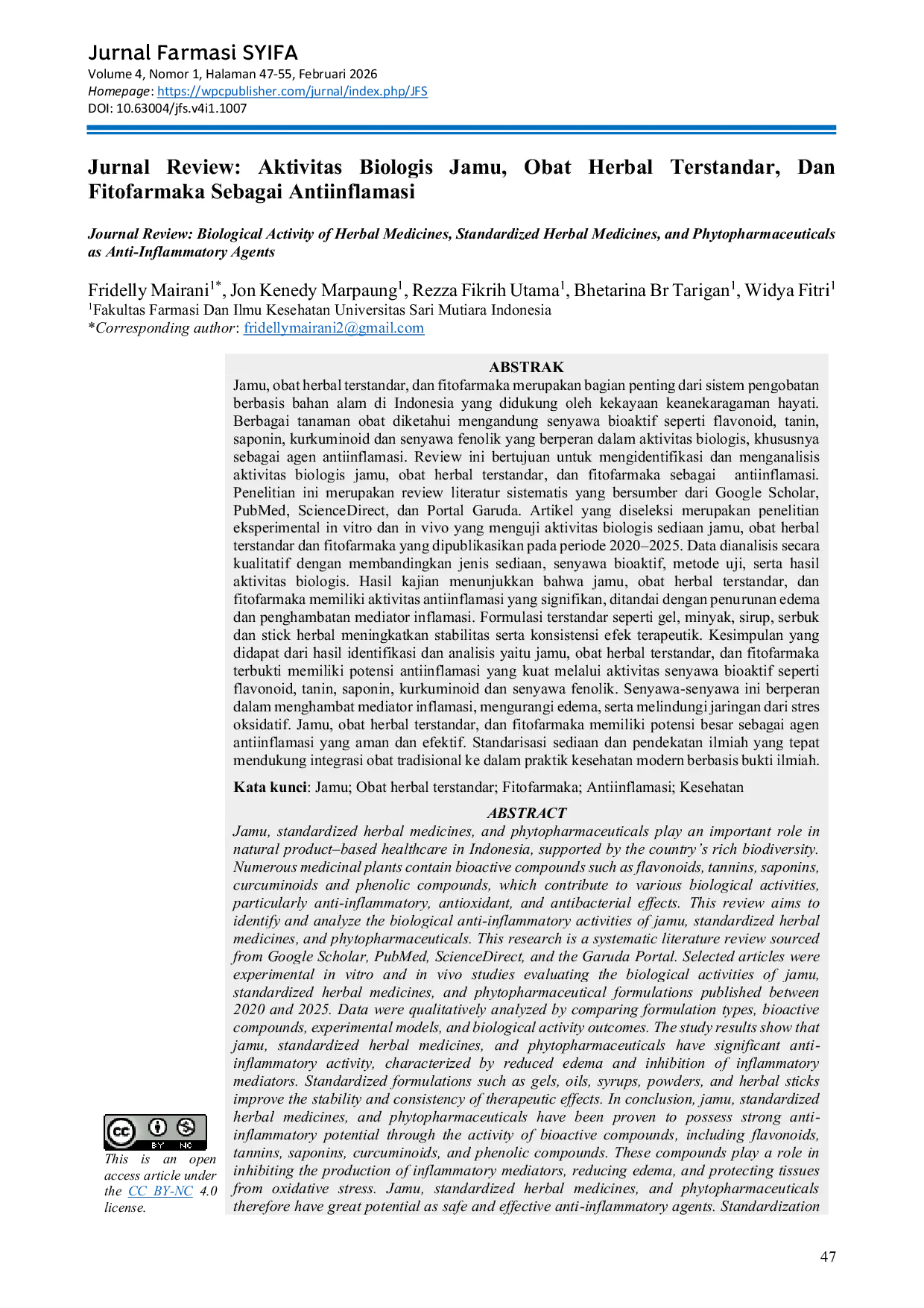 JURIS Jurnal Review Aktivitas Biologis Jamu Obat Herbal Terstandar Dan Fitofarmaka Sebagai Antiinflamasi