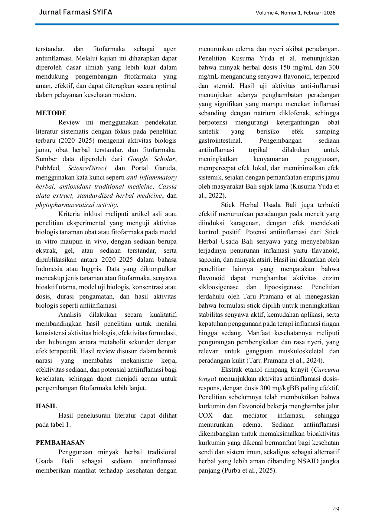 JURIS Jurnal Review Aktivitas Biologis Jamu Obat Herbal Terstandar Dan Fitofarmaka Sebagai Antiinflamasi