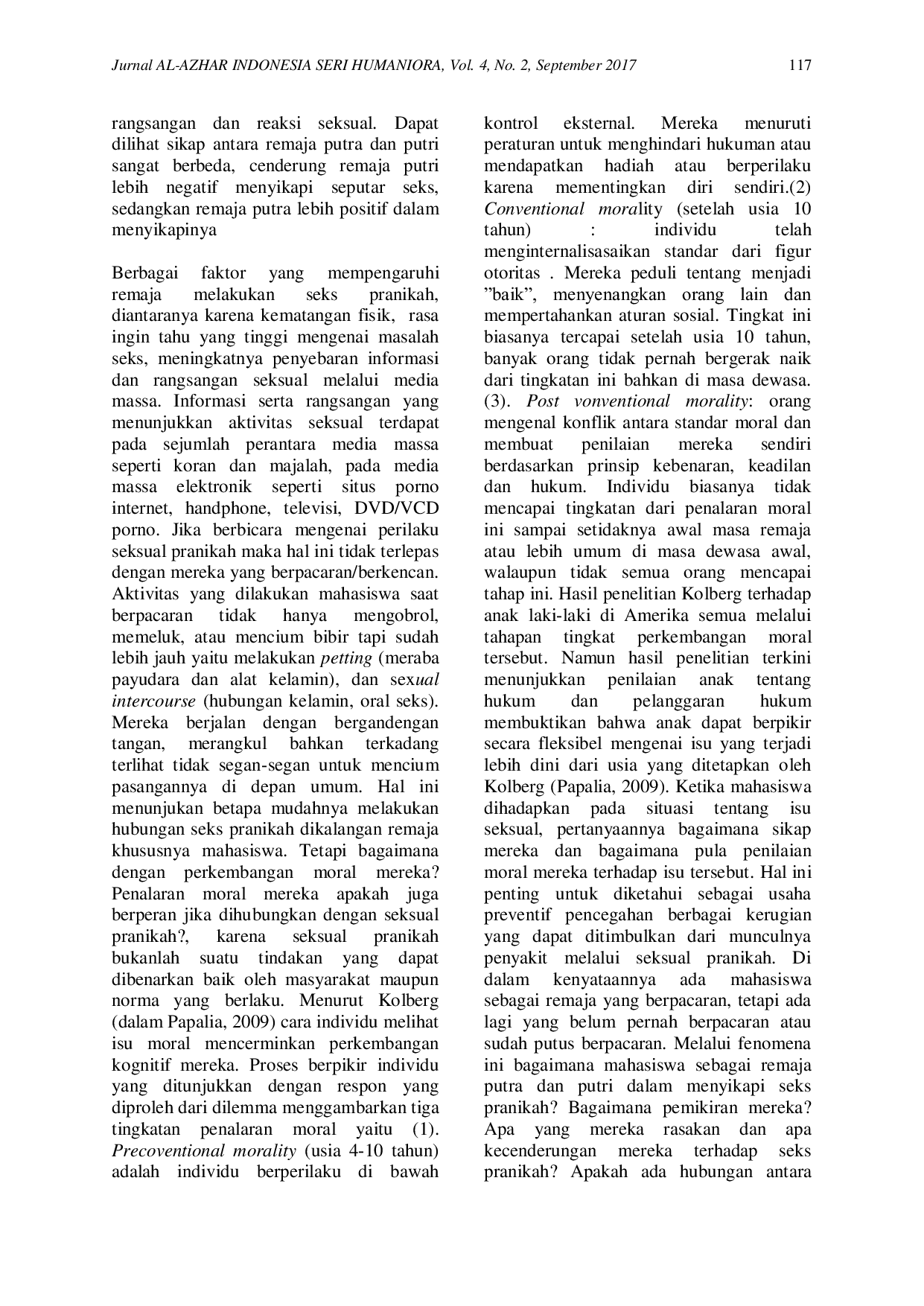 JURIS Hubungan Sikap Terhadap Seksual Pranikah dengan Tingkat Penilaian Moral Mahasiswa Universitas Al Azhar Indonesia