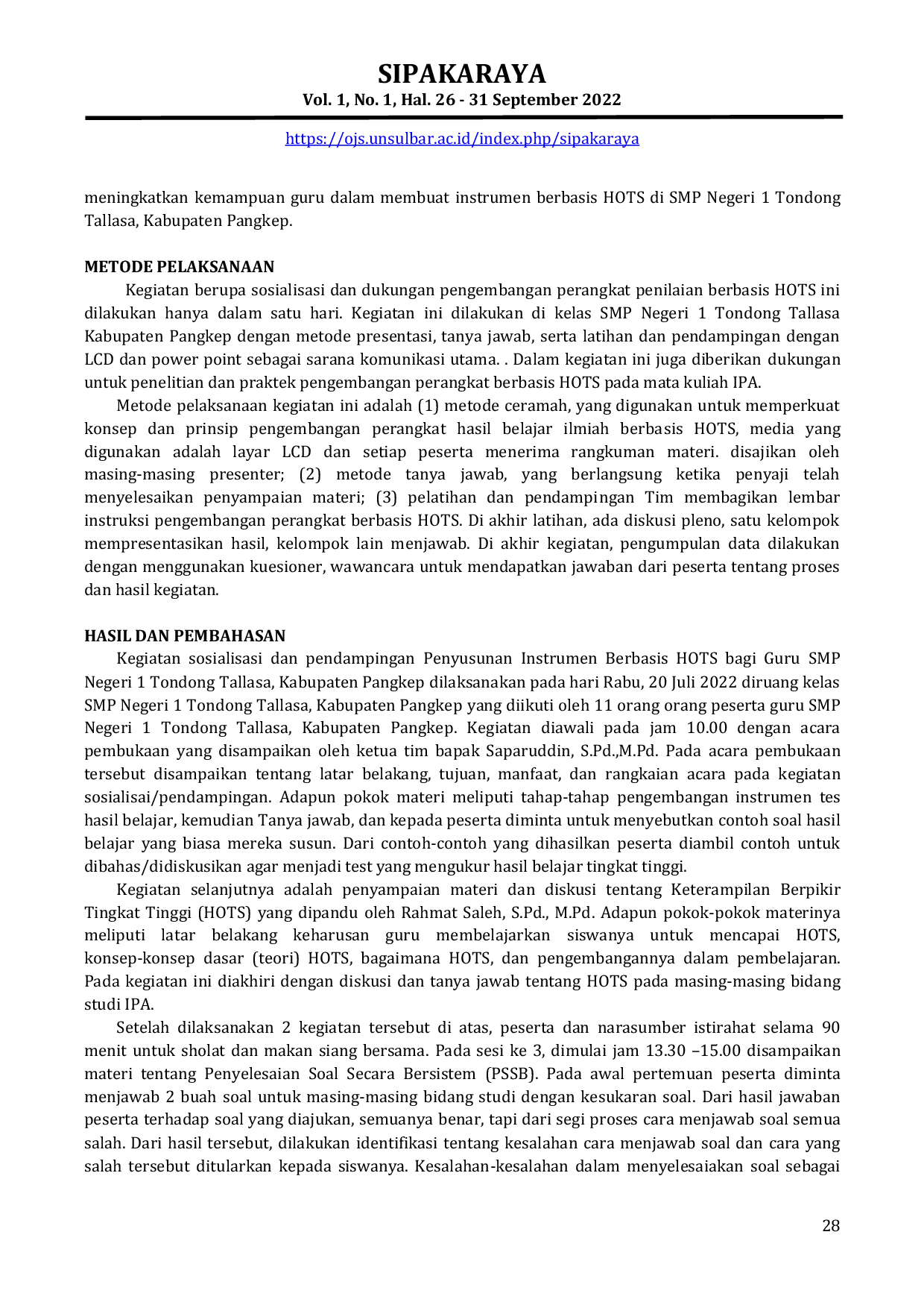 JURIS Pendampingan Penyusunan Instrumen Berbasis HOTS Bagi Guru SMP Negeri 1 Tondong Tallasa Kabupaten Pangkep