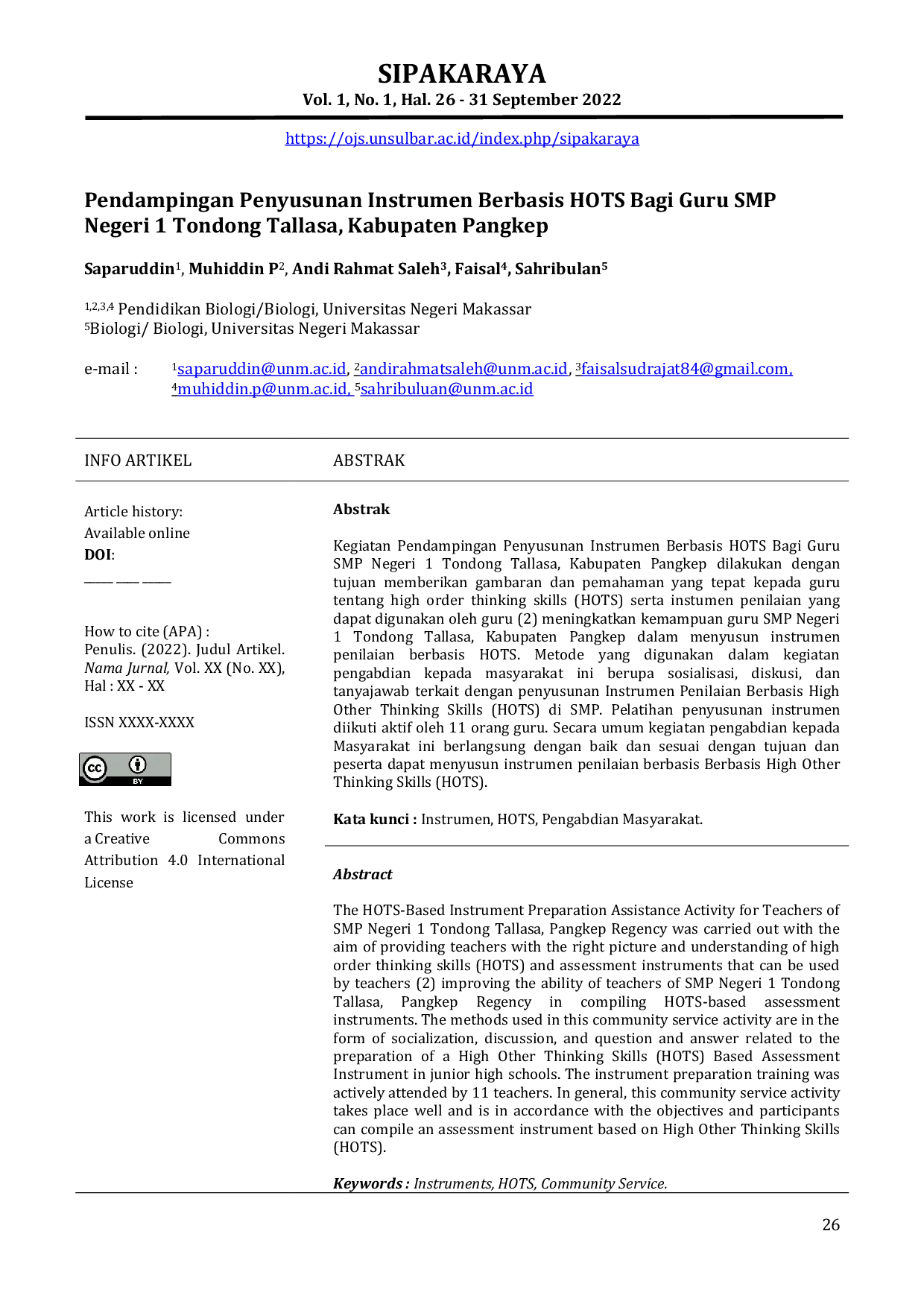 JURIS Pendampingan Penyusunan Instrumen Berbasis HOTS Bagi Guru SMP Negeri 1 Tondong Tallasa Kabupaten Pangkep