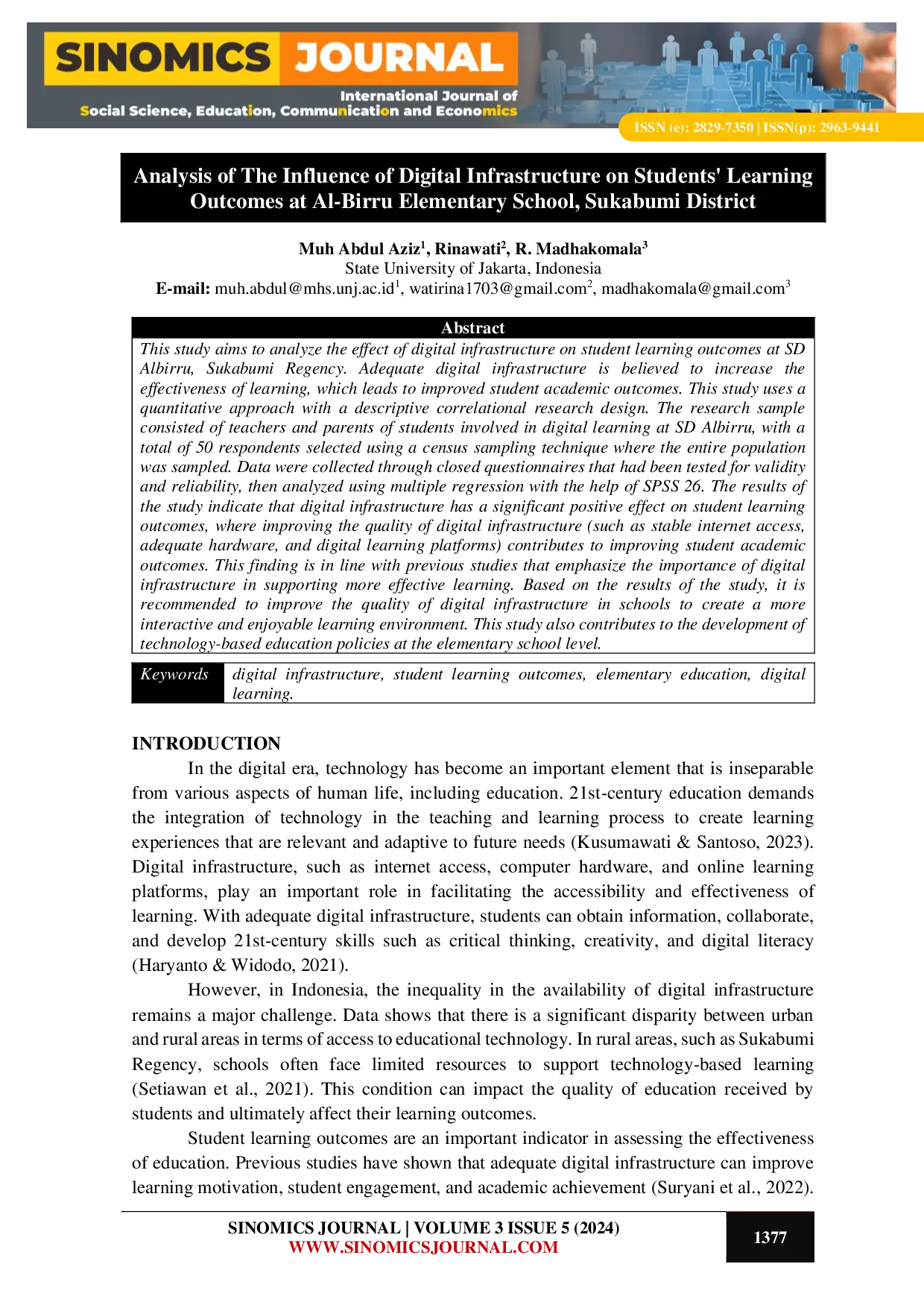 JURIS Analysis of The Influence of Digital Infrastructure on Students Learning Outcomes at Al Birru Elementary School Sukabumi District