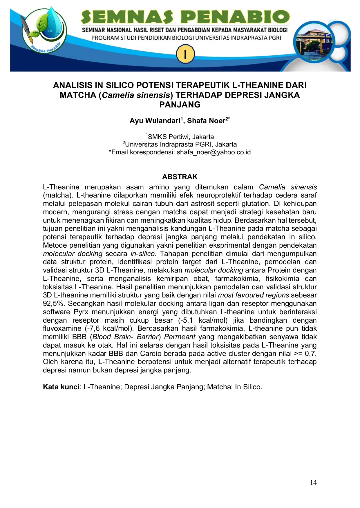 JURIS ANALISIS IN SILICO POTENSI TERAPEUTIK L THEANINE DARI MATCHA Camelia sinensis TERHADAP DEPRESI JANGKA PANJANG