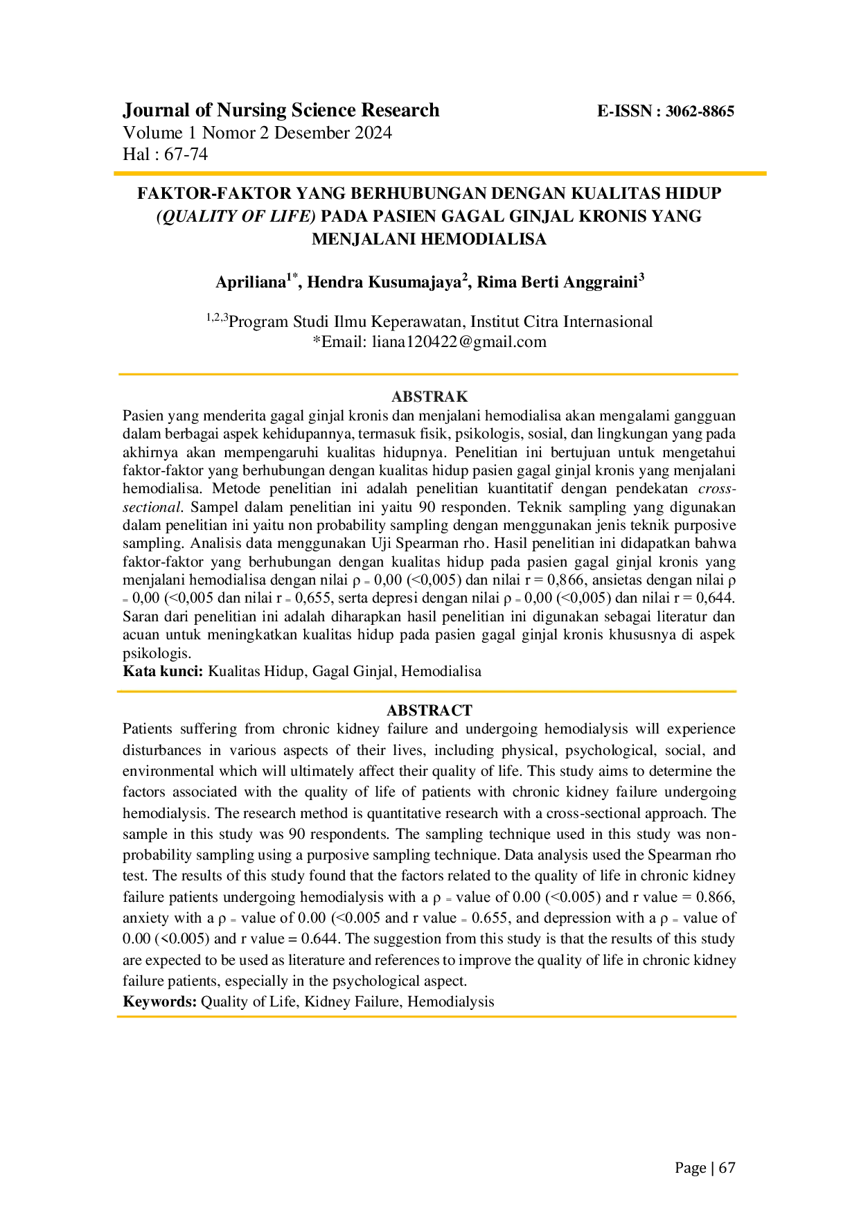JURIS Faktor Faktor Yang Berhubungan Dengan Kualitas Hidup Pada Pasien Gagal Ginjal Kronis Yang Menjalani Hemodialisa