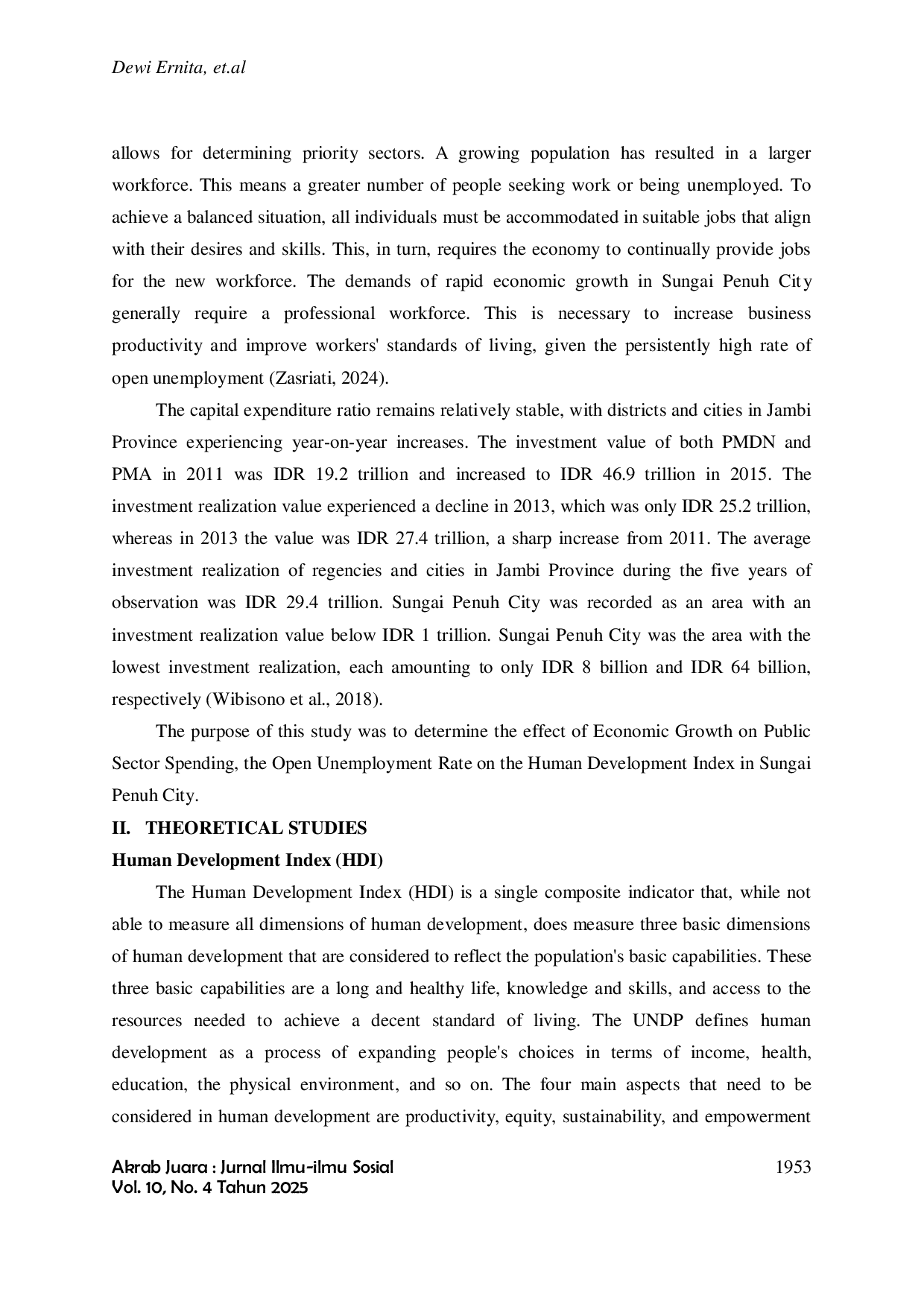 JURIS Analysis Of The Determinants Of The Human Development Index Hdi Of Sungai Penuh City As Seen In The Front Of Economic Growth Public Sector Expenditure And Unemployment Rate