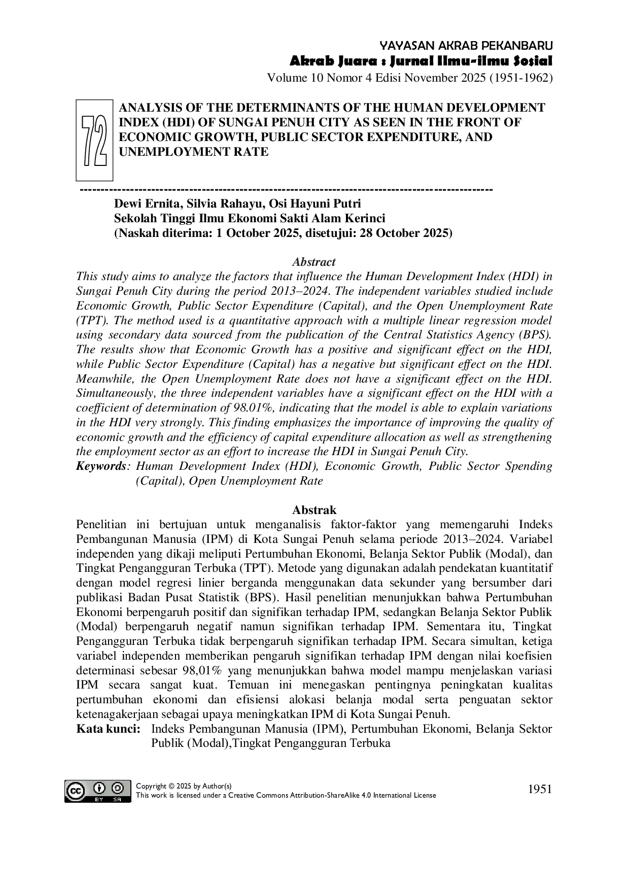 JURIS Analysis Of The Determinants Of The Human Development Index Hdi Of Sungai Penuh City As Seen In The Front Of Economic Growth Public Sector Expenditure And Unemployment Rate