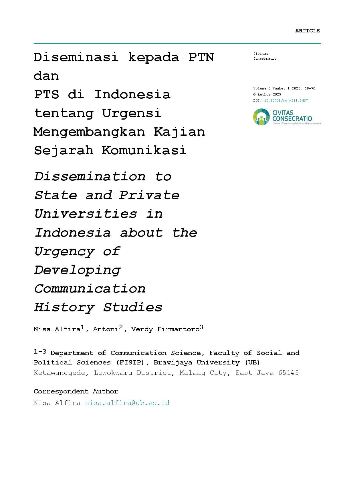 juris Dissemination to State and Private Universities in Indonesia About the Urgency of Developing Communication History Studies
