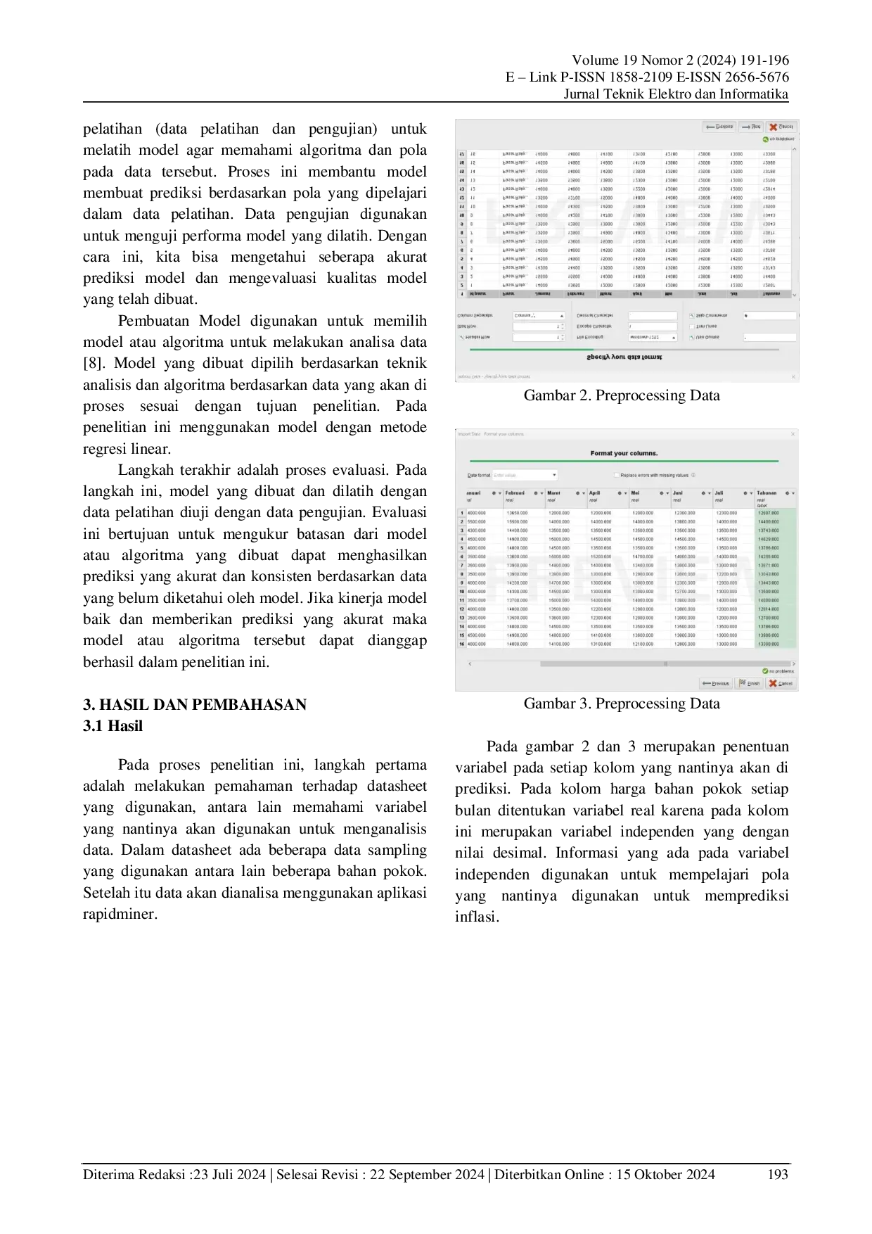 JURIS Prediksi Inflasi Bahan Pokok Menggunakan Metode Regresi Linear