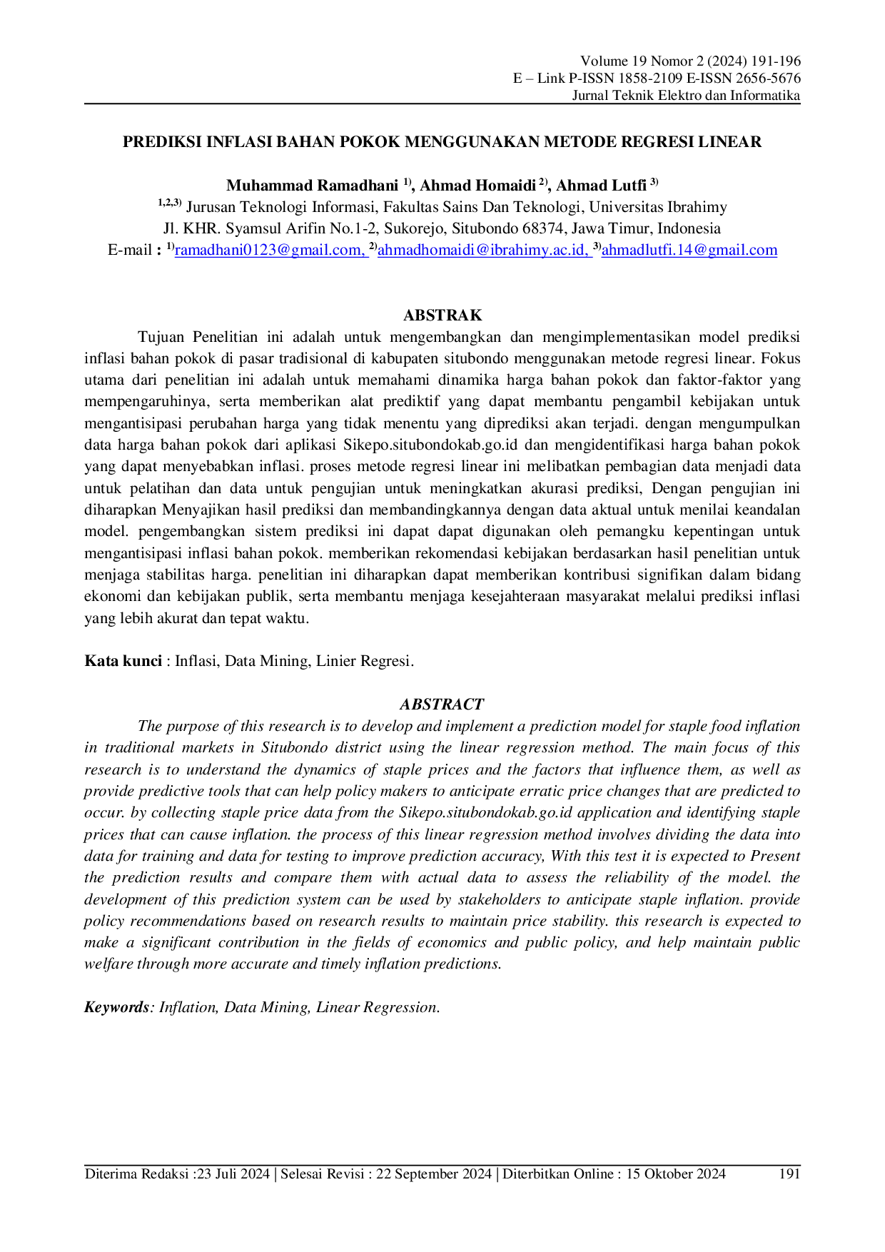 JURIS Prediksi Inflasi Bahan Pokok Menggunakan Metode Regresi Linear