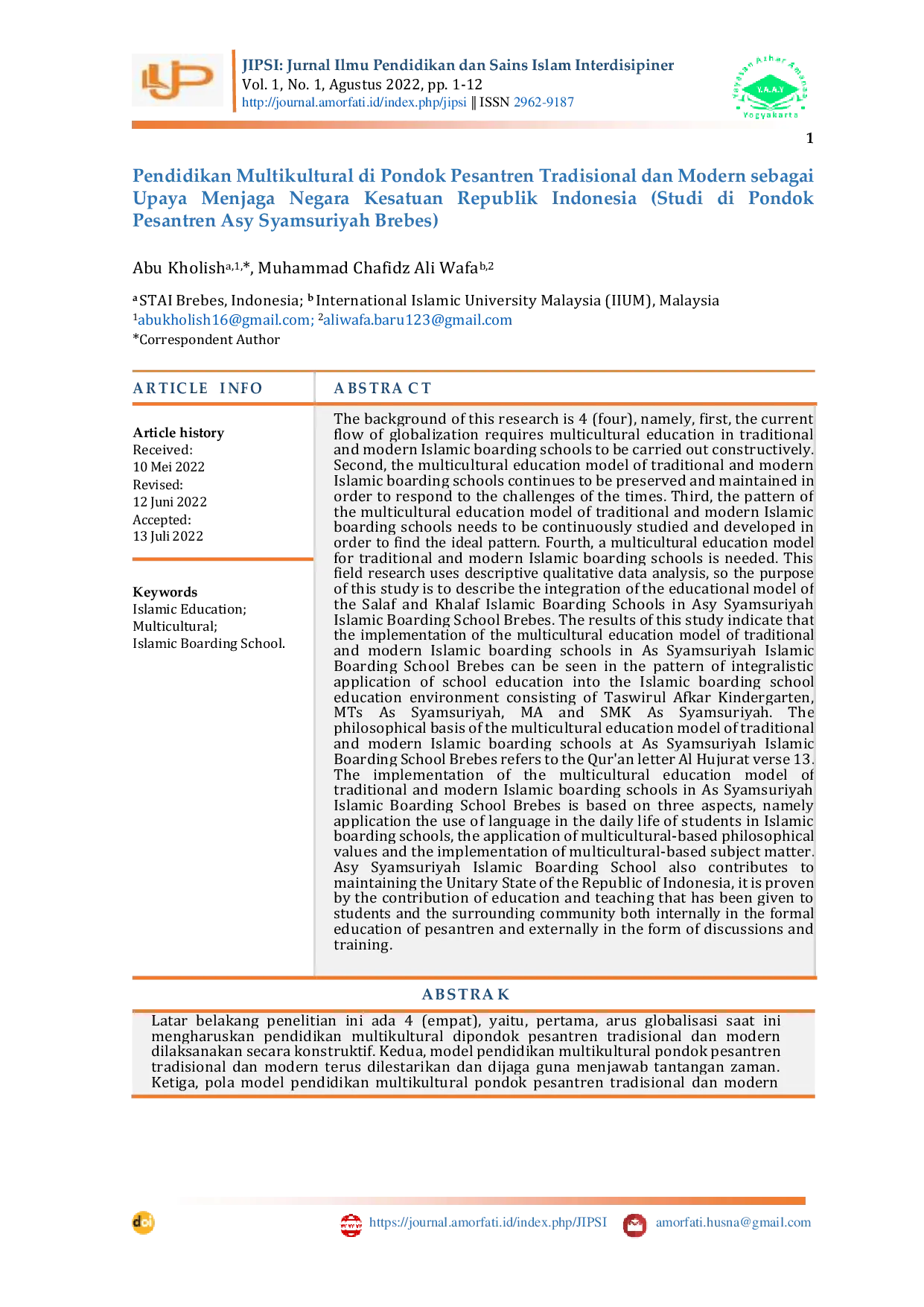 JURIS Pendidikan Multikultural di Pondok Pesantren Tradisional dan Modern sebagai Upaya Menjaga Negara Kesatuan Republik Indonesia Studi di Pondok Pesantren Asy Syamsuriyah Brebes