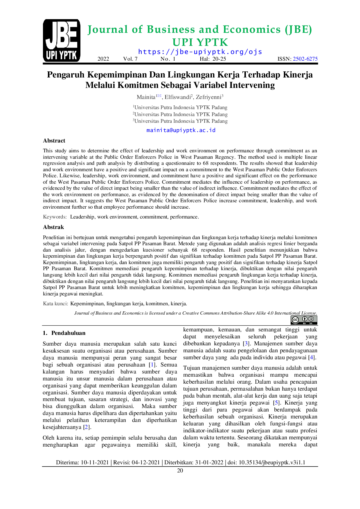 JURIS Pengaruh Kepemimpinan dan Lingkungan Kerja terhadap Kinerja melalui Komitmen sebagai Variabel Intervening