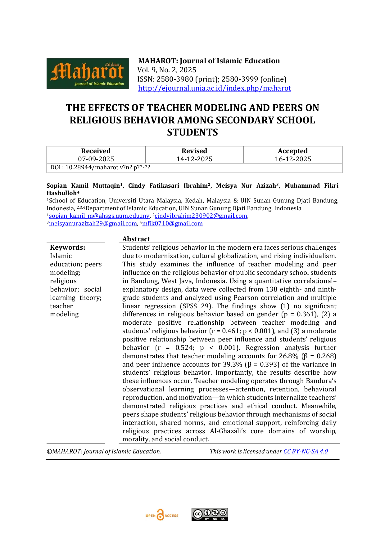 JURIS The Effects of Teacher Modeling and Peers on Religious Behavior among Secondary School Students
