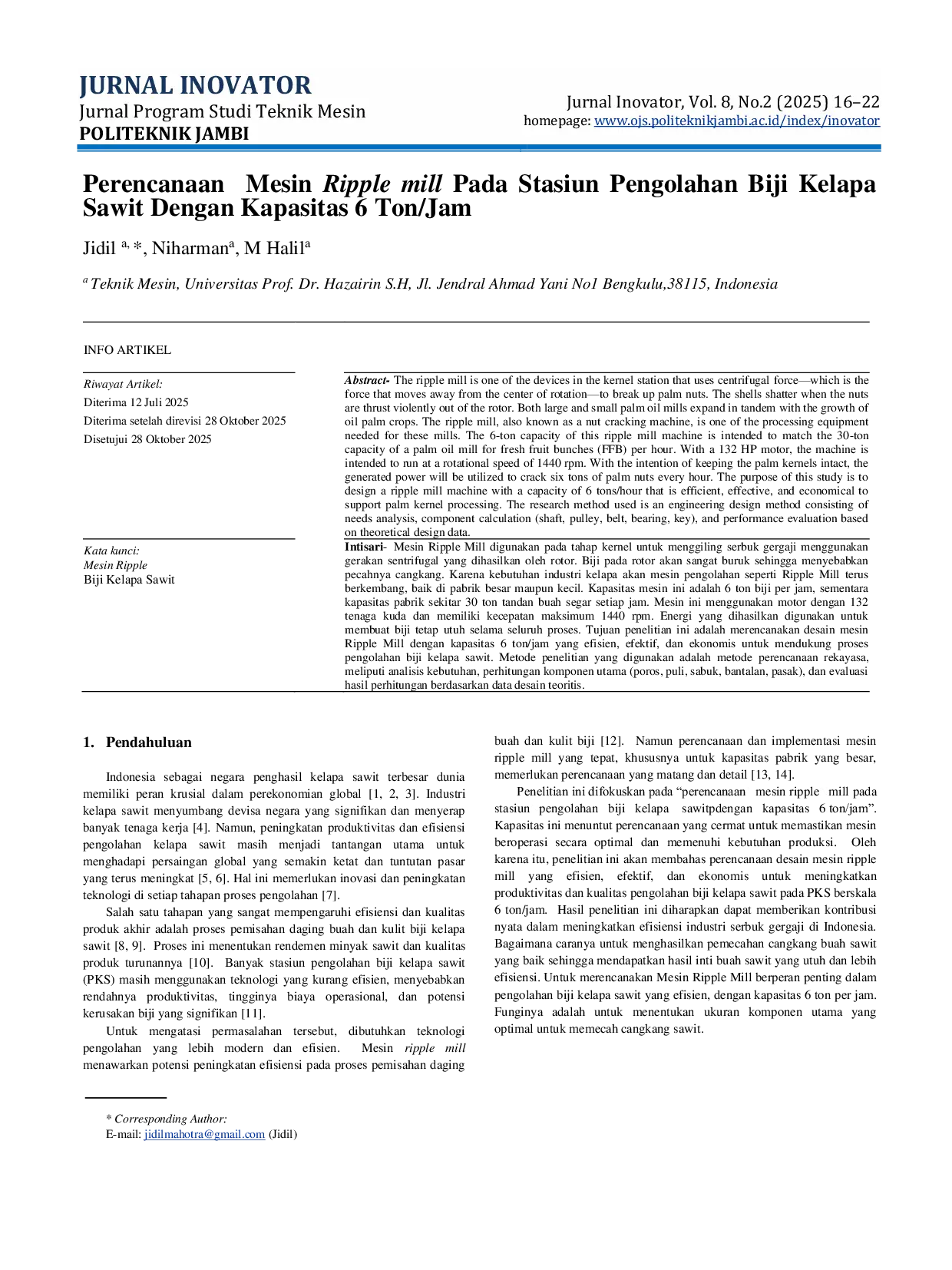 JURIS Perencanaan Mesin Ripple Mill Pada Stasiun Pengolahan Biji Kelapa Sawit Dengan Kapasitas 6 Ton Jam
