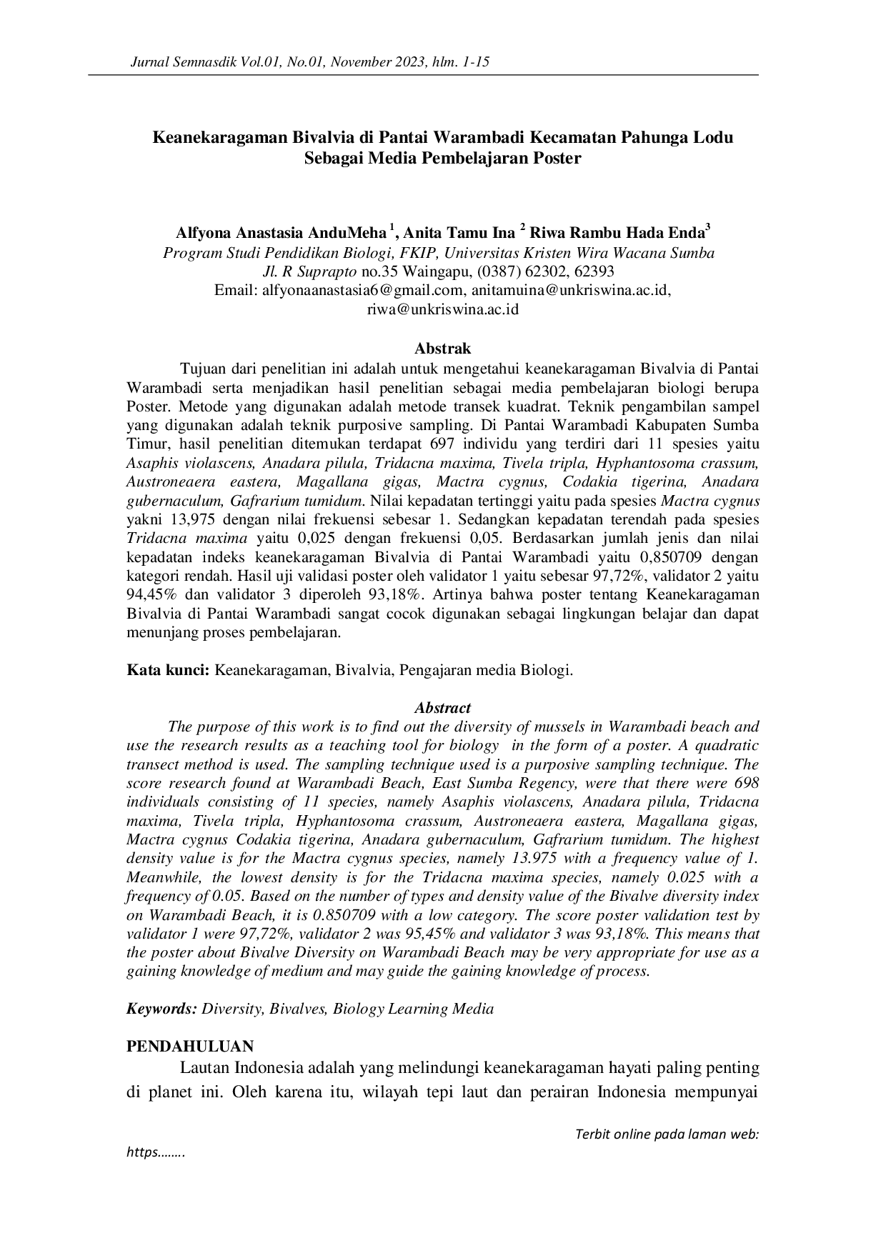 JURIS Keanekaragaman Bivalvia di Pantai Warambadi Kecamatan Pahunga Lodu Sebagai Media Pembelajaran Poster
