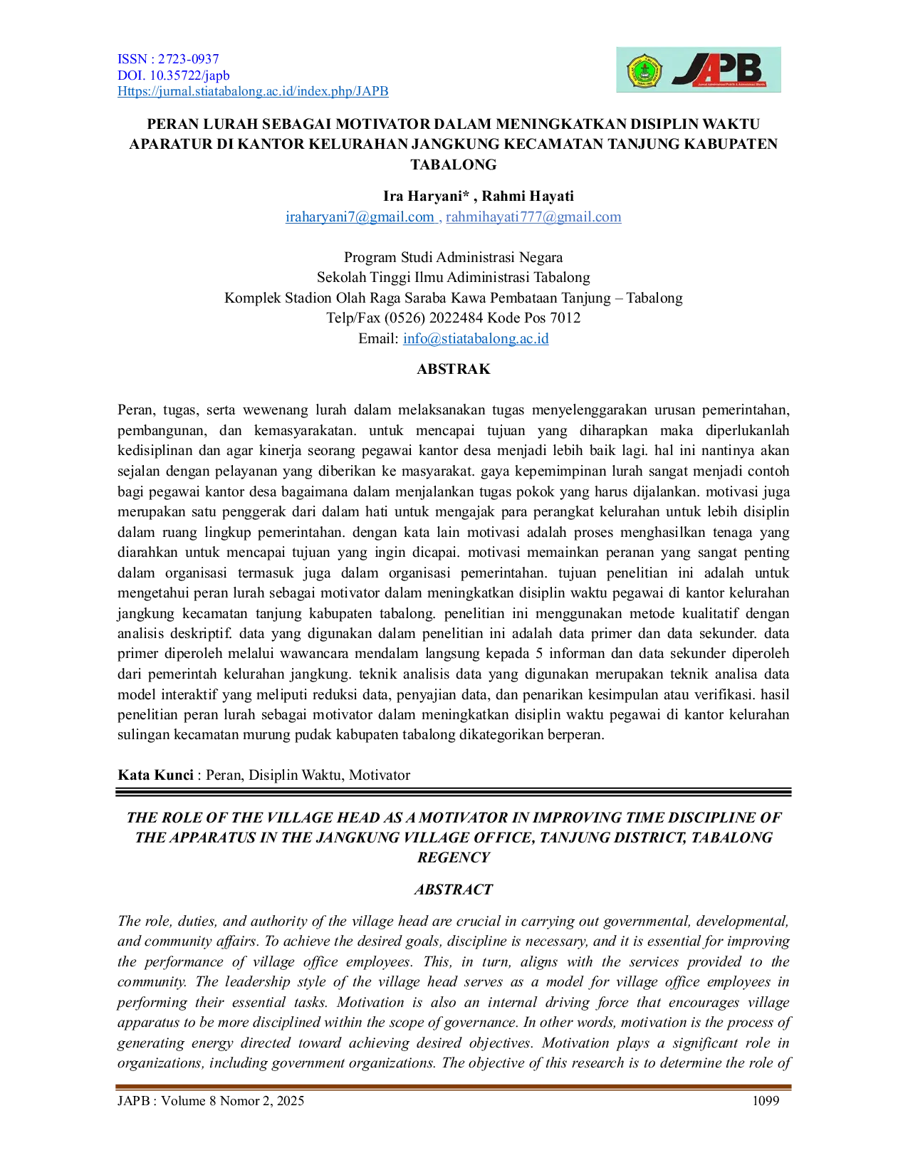 JURIS Peran Lurah Sebagai Motivator Dalam Meningkatkan Disiplin Waktu Aparatur Di Kantor Kelurahan Jangkung Kecamatan Tanjung Kabupaten Tabalong
