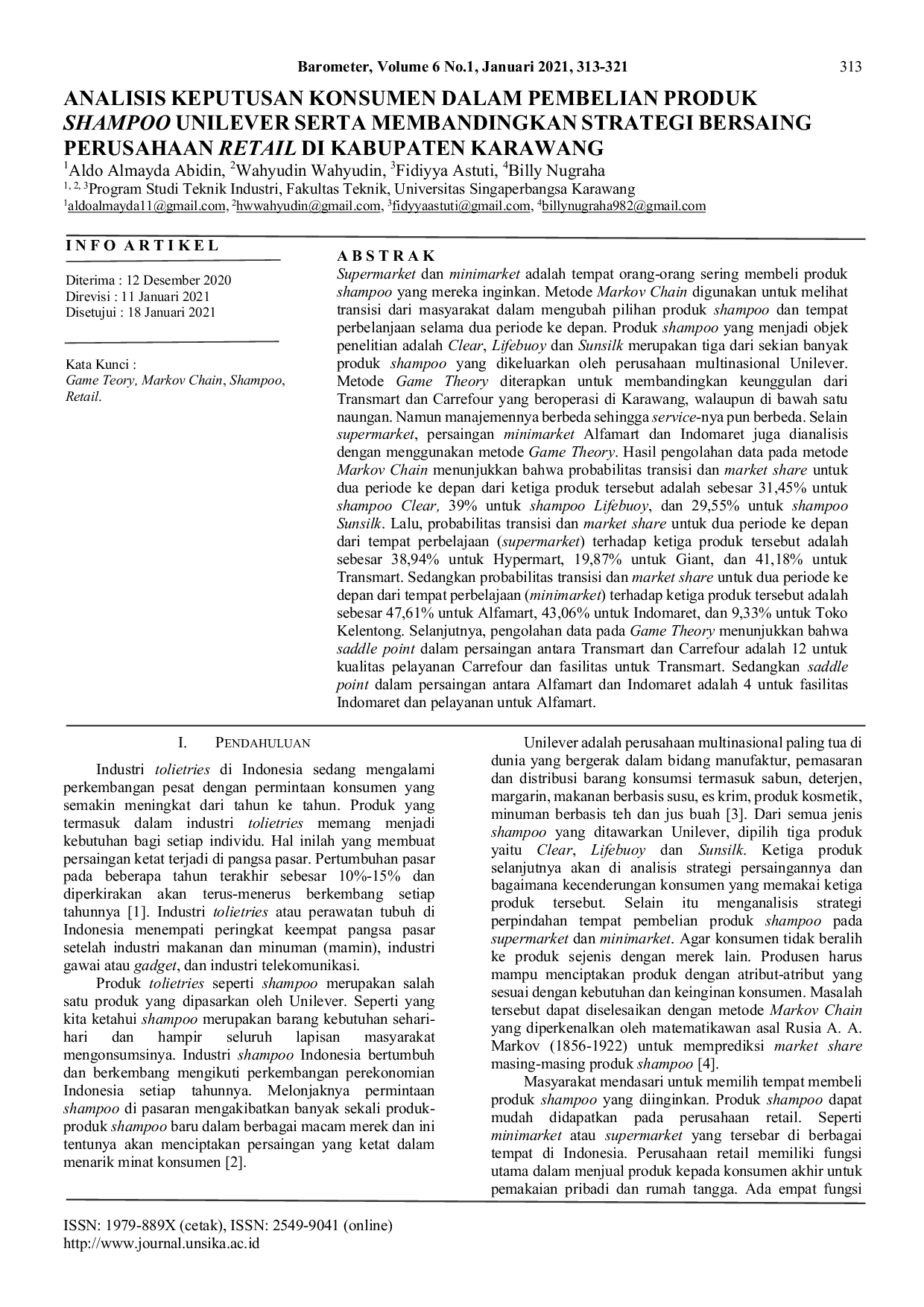 JURIS Analisis Keputusan Konsumen Dalam Pembelian Produk Shampoo Unilever Serta Membandingkan Strategi Bersaing Perusahaan Retail Di Kabupaten Karawang