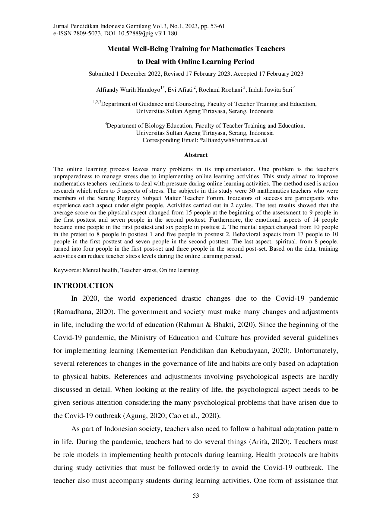 juris Mental Well Being Training for Mathematics Teachers to Deal with Online Learning Period