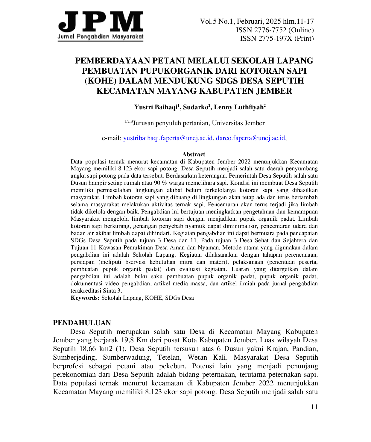 JURIS PEMBERDAYAAN PETANI MELALUI SEKOLAH LAPANG PEMBUATAN PUPUK ORGANIK DARI KOTORAN SAPI KOHE DALAM MENDUKUNG SDGS DESA SEPUTIH KECAMATAN MAYANG KABUPATEN JEMBER