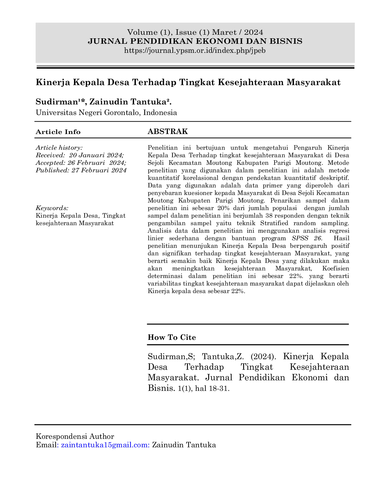 JURIS Kinerja Kepala Desa Terhadap Tingkat Kesejahteraan Masyarakat