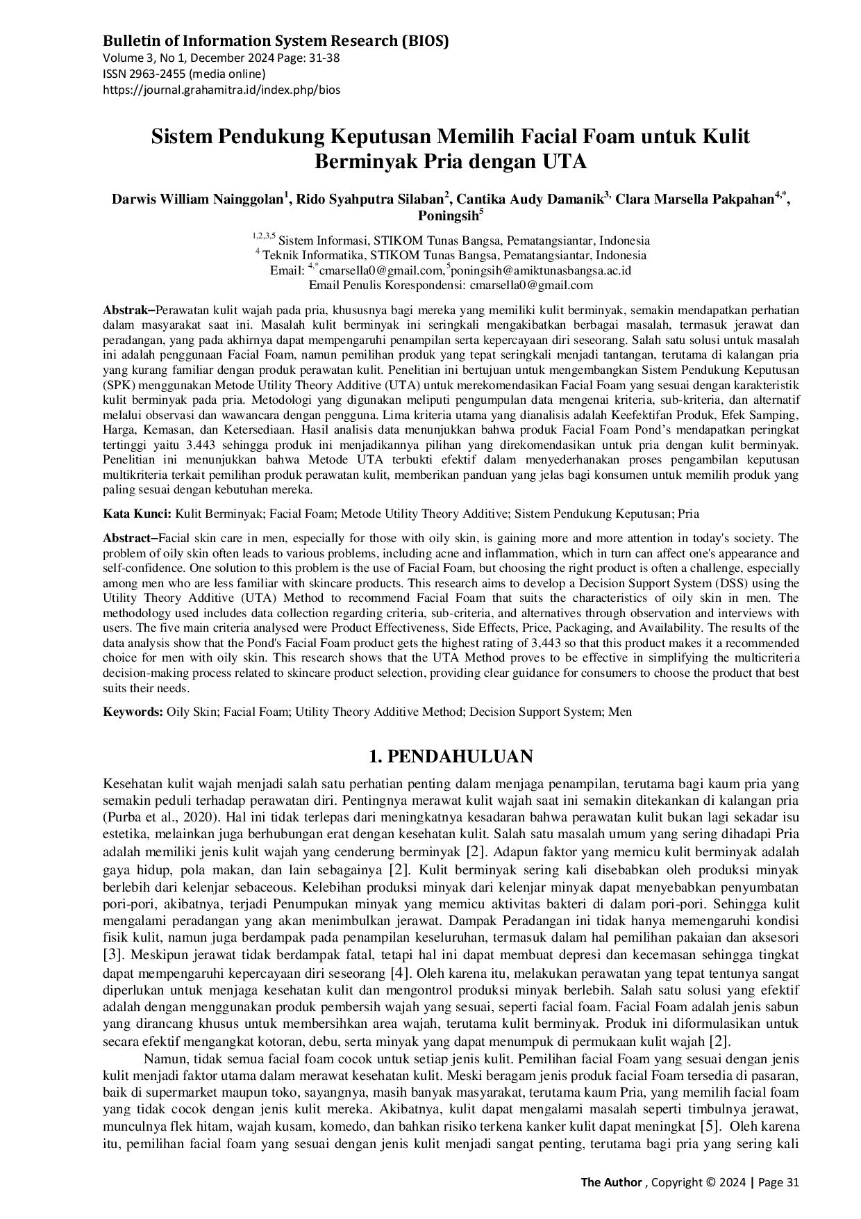 JURIS Sistem Pendukung Keputusan Memilih Facial Foam untuk Kulit Berminyak Pria dengan UTA