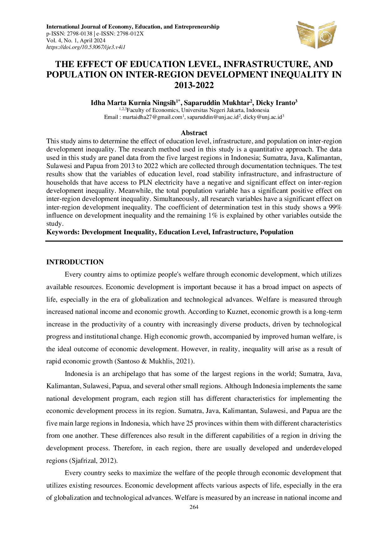 JURIS The Effect of Education Level Infrastructure and Population on Inter Region Development Inequality in 2013 2022