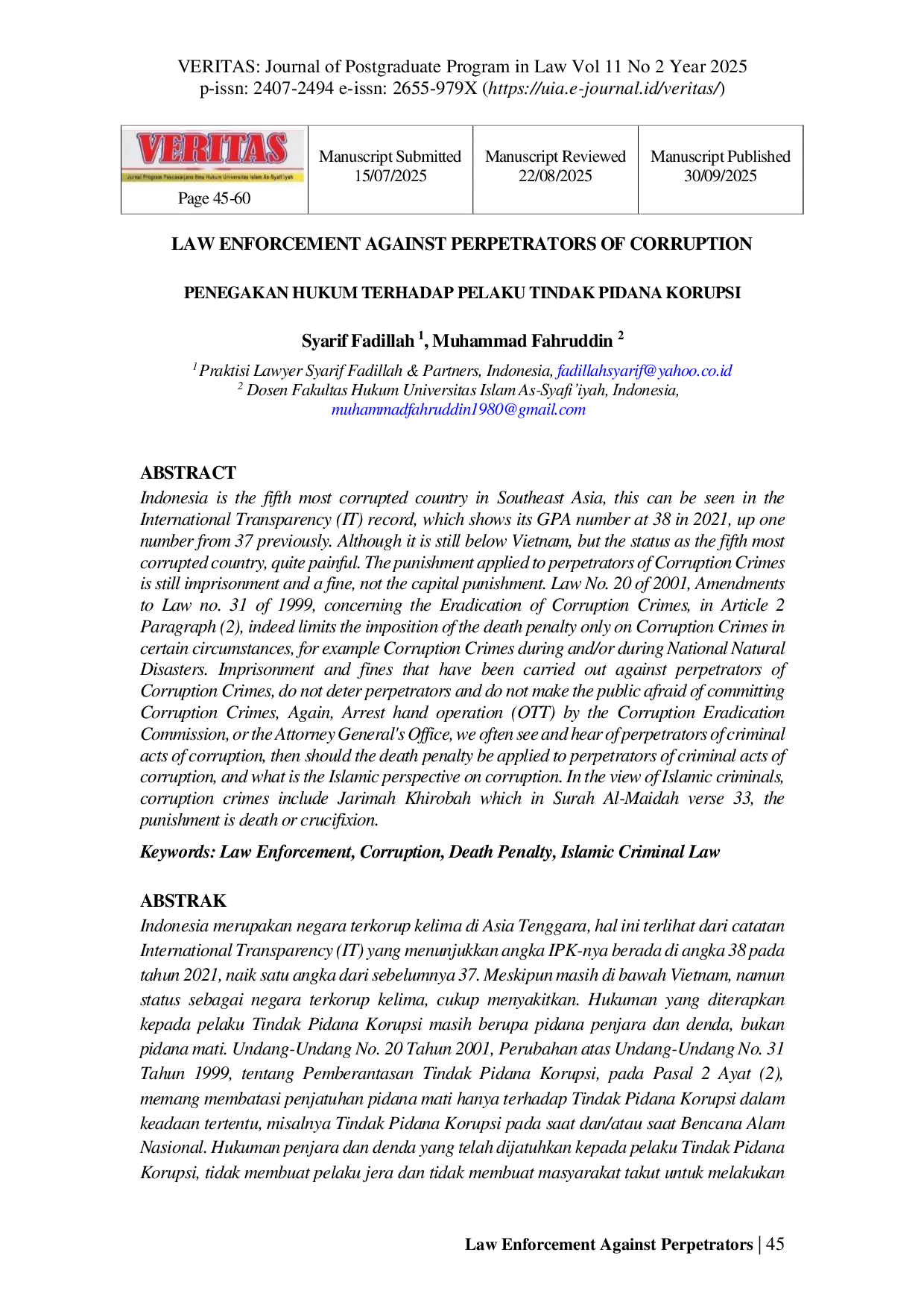 JURIS Law Enforcement Against Perpetrators Of Corruption