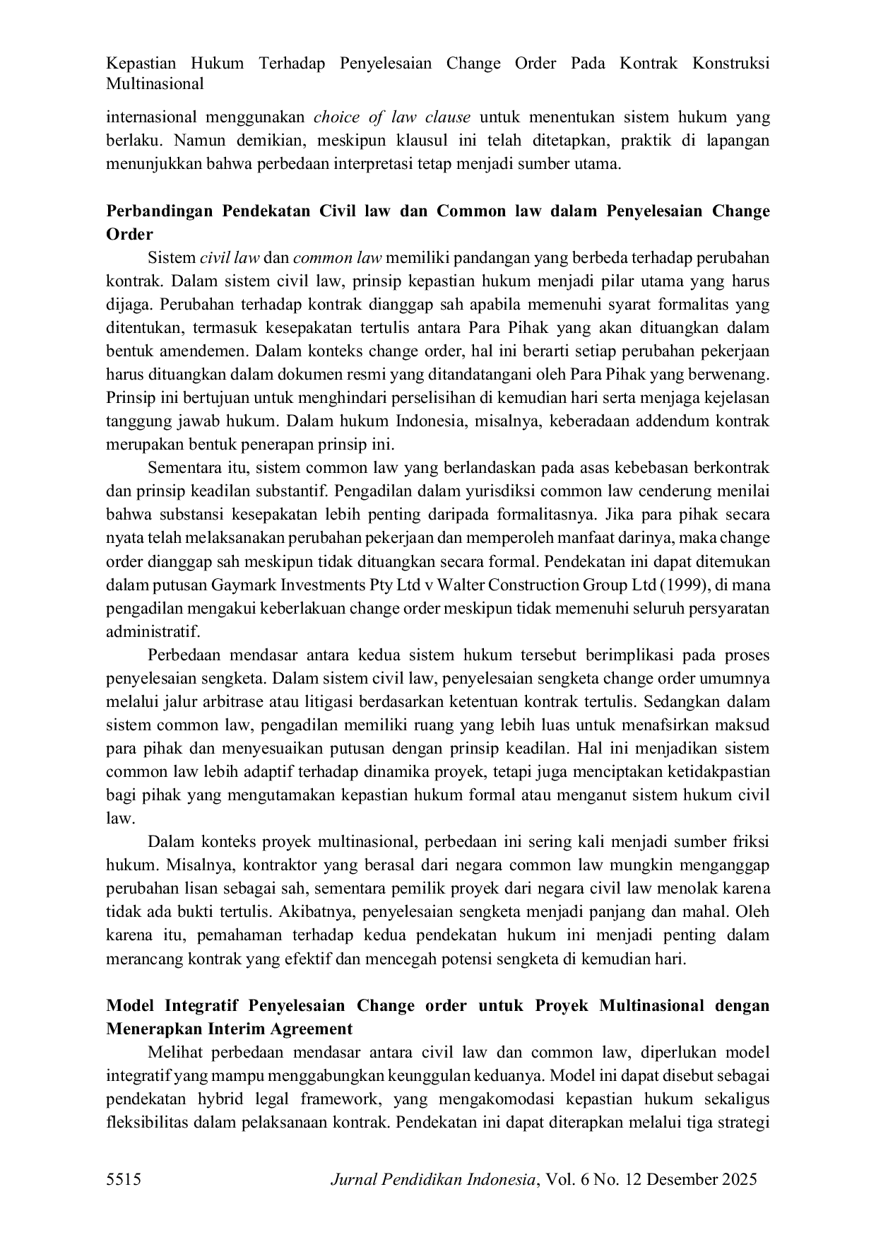 JURIS Kepastian Hukum Terhadap Penyelesaian Change Order Pada Kontrak Konstruksi Multinasional