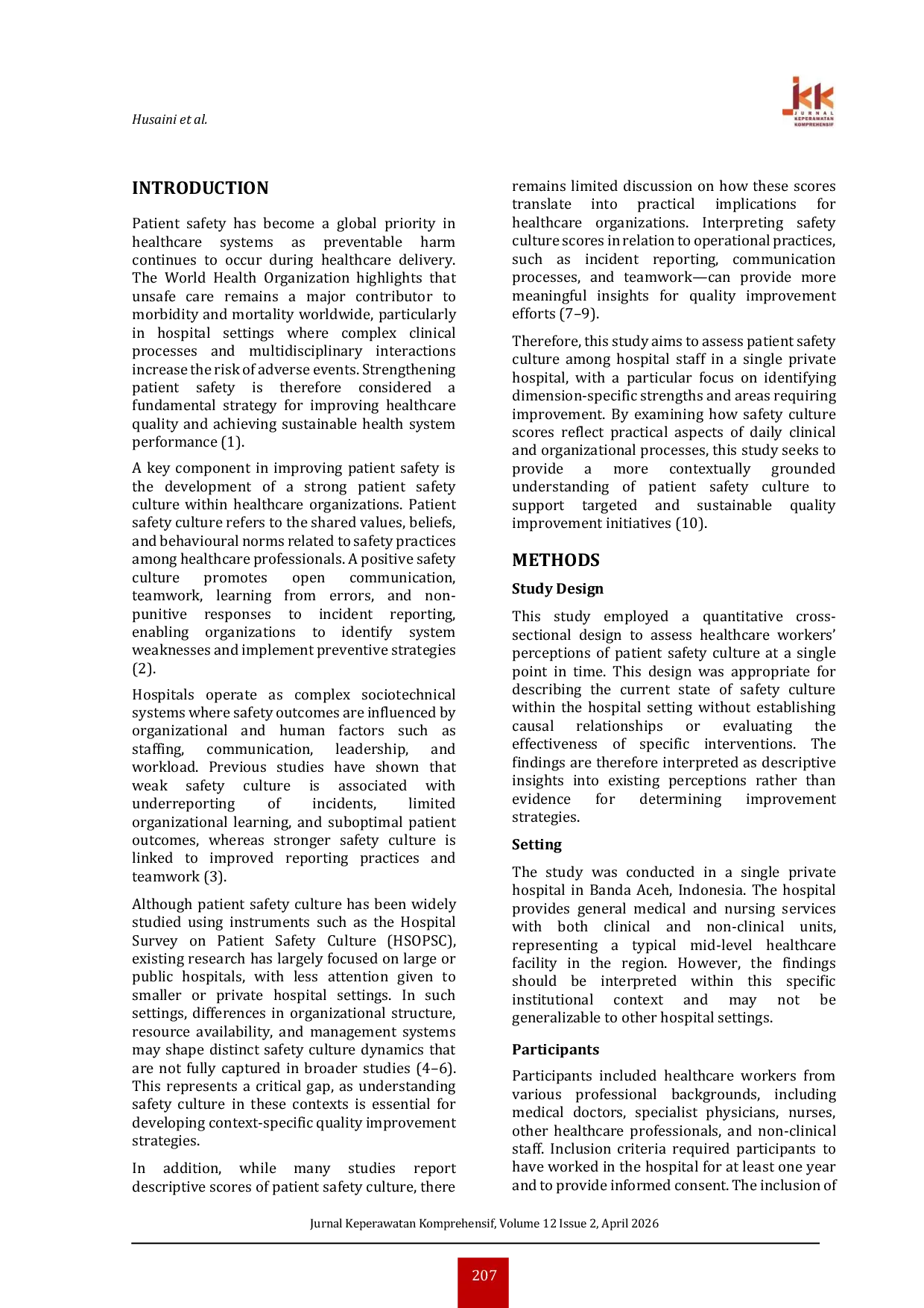 JURIS Patient Safety Culture in Hospital Settings for Quality Improvement A Cross Sectional Assessment