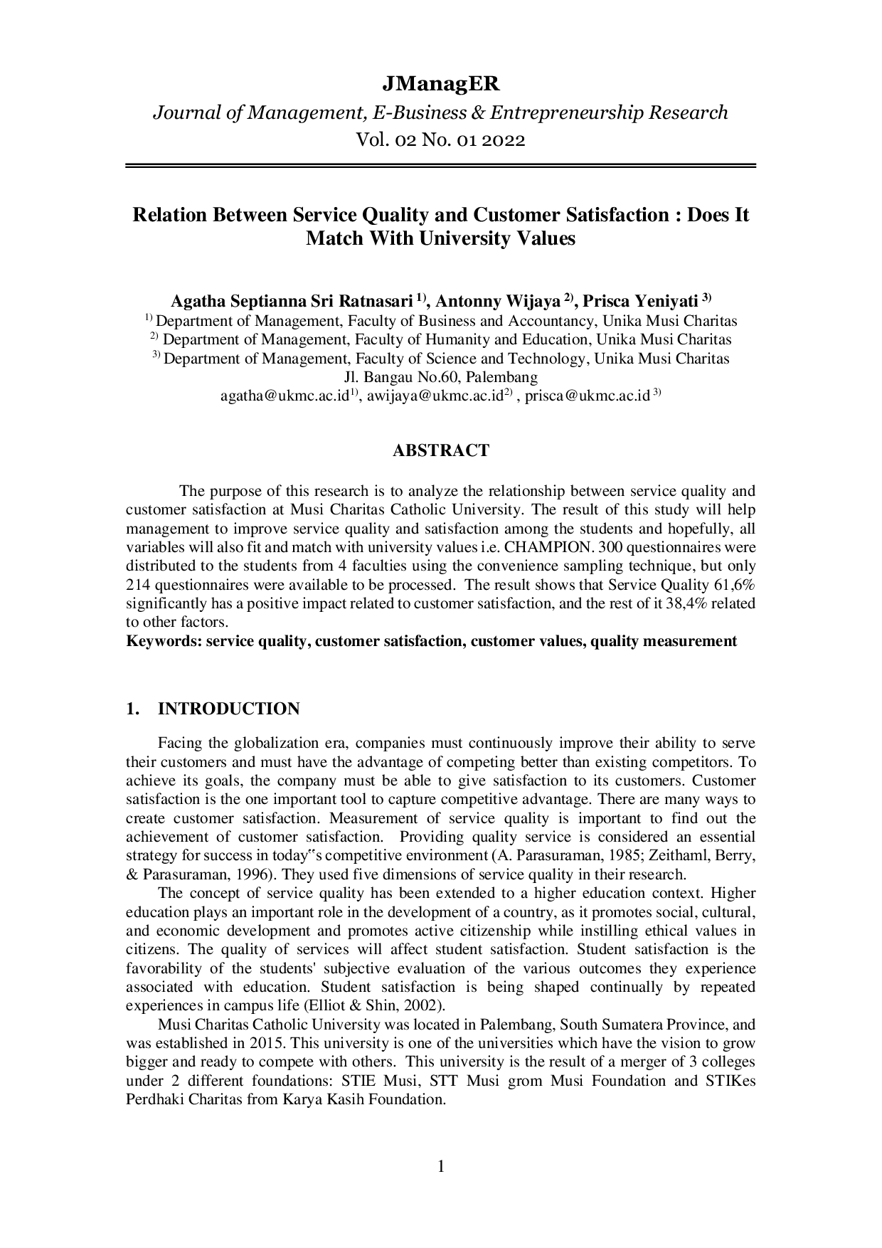 JURIS Relation Between Service Quality and Customer Satisfaction Does It Match With University Values