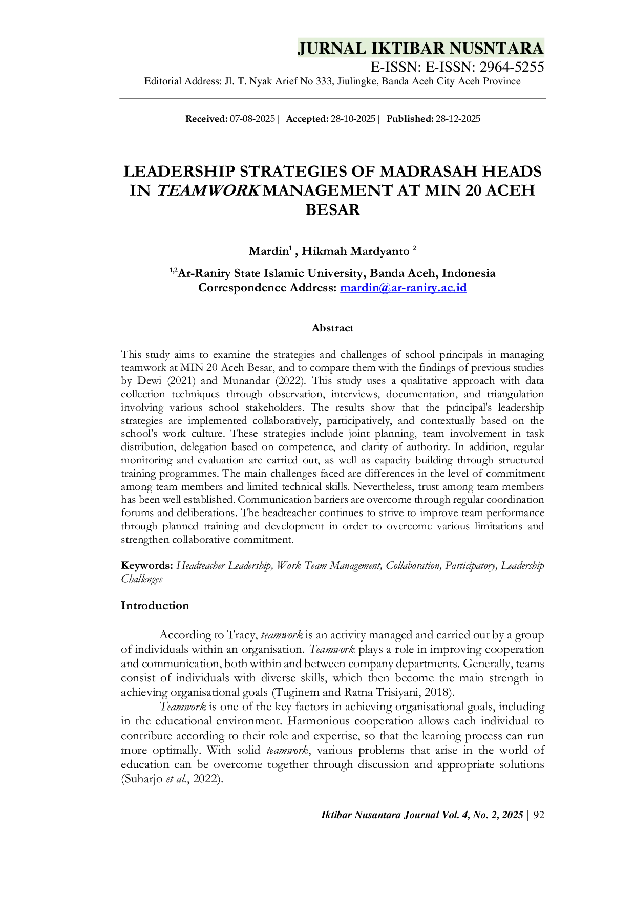 JURIS Leadership Strategies of Madrasah Heads in Teamwork Management at MIN 20 Aceh Besar