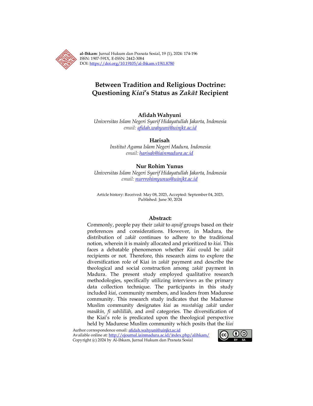 JURIS Between Tradition and Religious Doctrine Questioning Kiai s Status as ZakAt Recipient