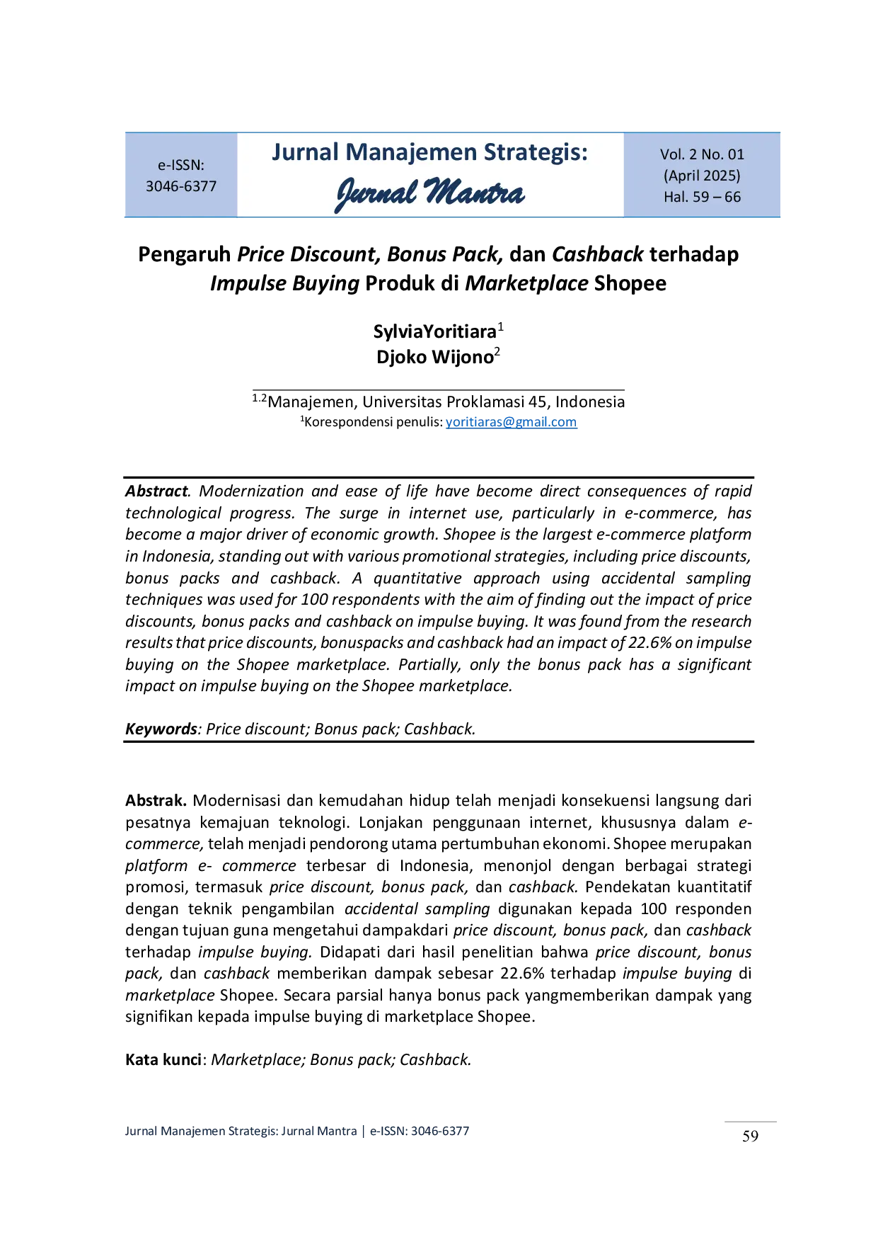 JURIS Pengaruh Price Discount Bonus Pack dan Cashback terhadap Impulse Buying Produk di Marketplace Shopee