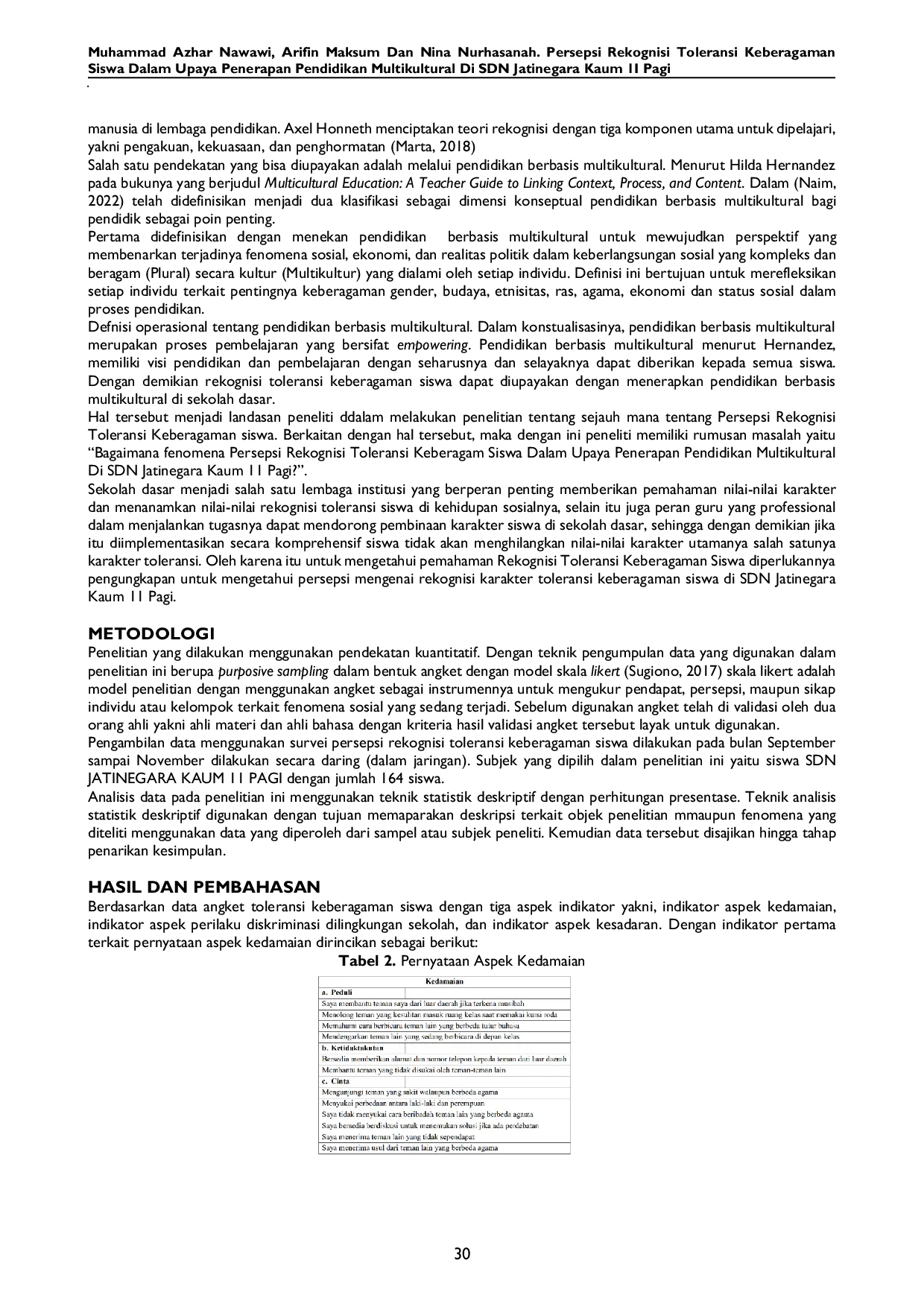 JURIS Persepsi Rekognisi Toleransi Keberagaman Siswa dalam Upaya Penerapan Pendidikan Multikultural di SDN Jatinegara Kaum 11 Pagi