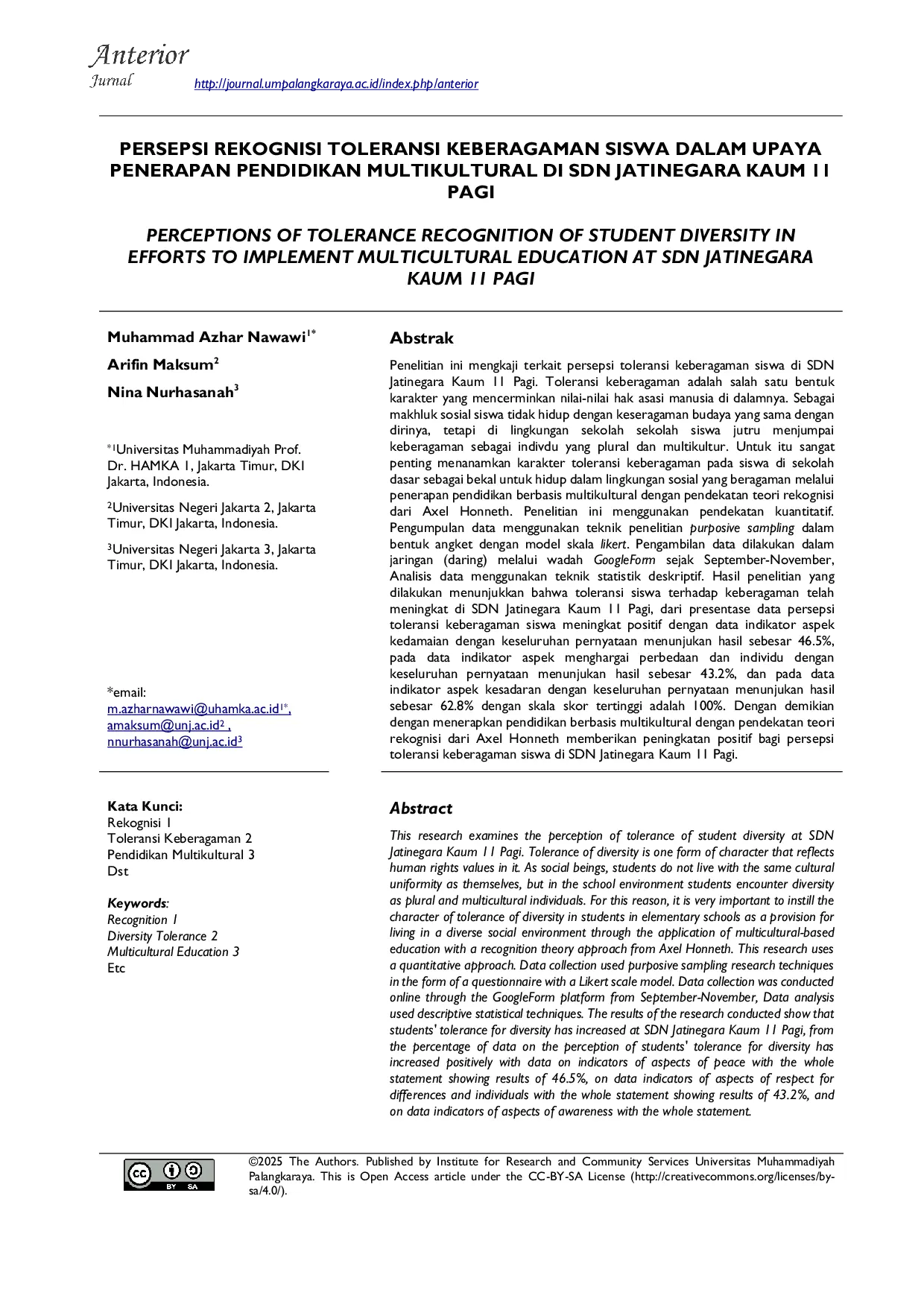JURIS Persepsi Rekognisi Toleransi Keberagaman Siswa dalam Upaya Penerapan Pendidikan Multikultural di SDN Jatinegara Kaum 11 Pagi