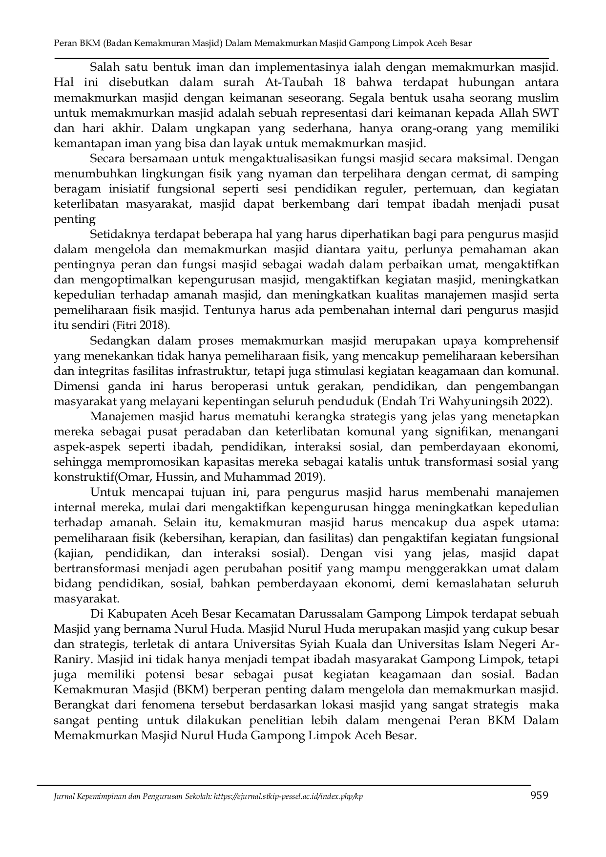 JURIS Peran Bkm Badan Kemakmuran Masjid Dalam Memakmurkan Masjid Gampong Limpok Aceh Besar