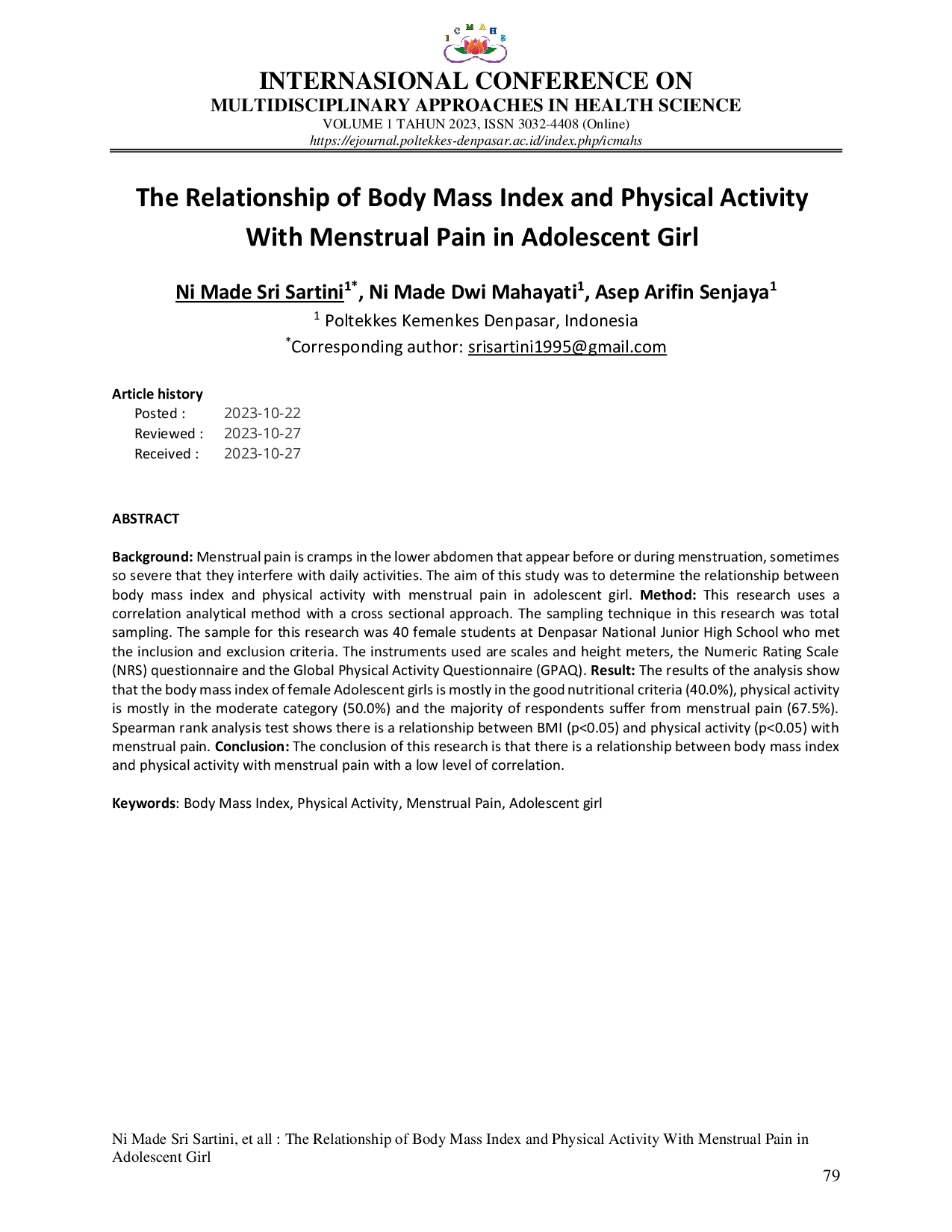 JURIS The Relationship of Body Mass Index and Physical Activity With Menstrual Pain in Adolescent Girl