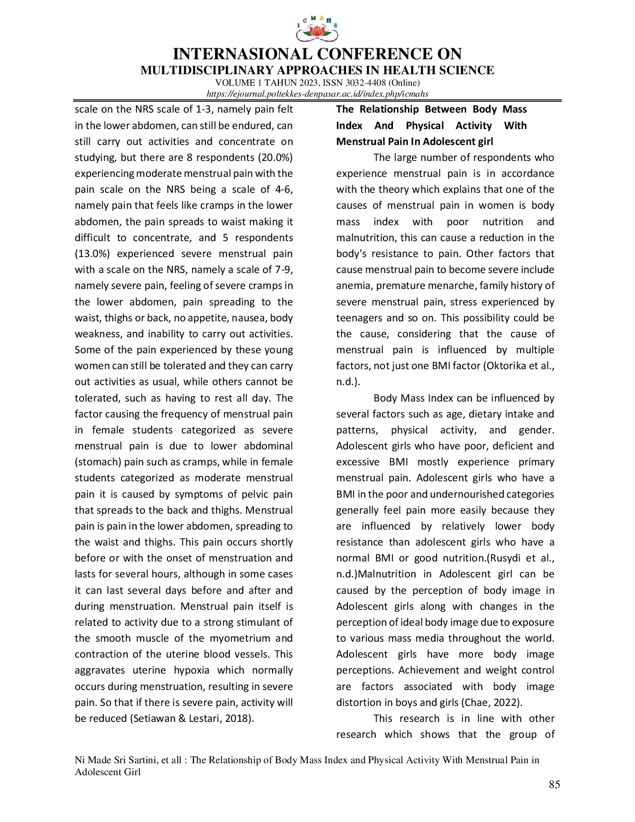 JURIS The Relationship of Body Mass Index and Physical Activity With Menstrual Pain in Adolescent Girl