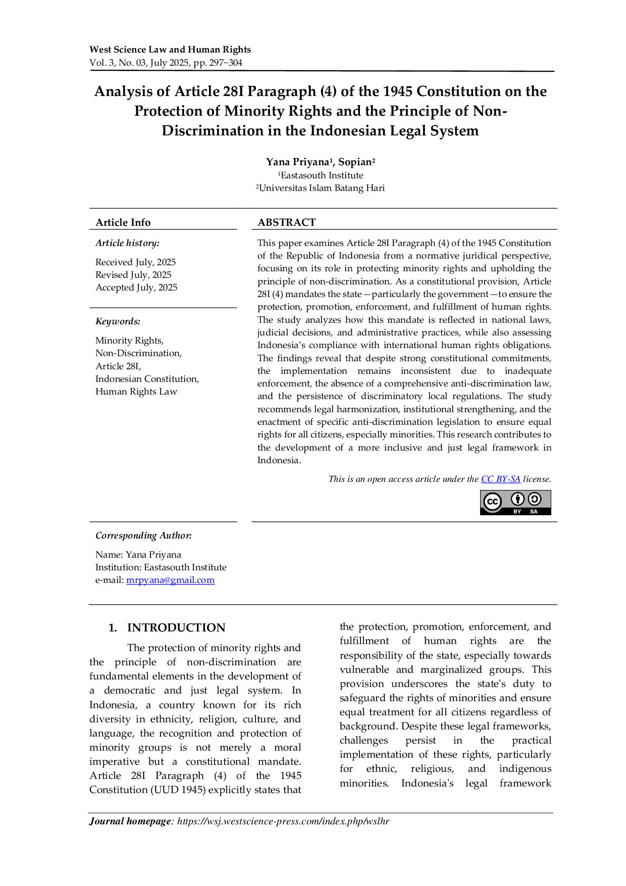 JURIS Analysis of Article 28I Paragraph 4 of the 1945 Constitution on the Protection of Minority Rights and the Principle of Non Discrimination in the Indonesian Legal System