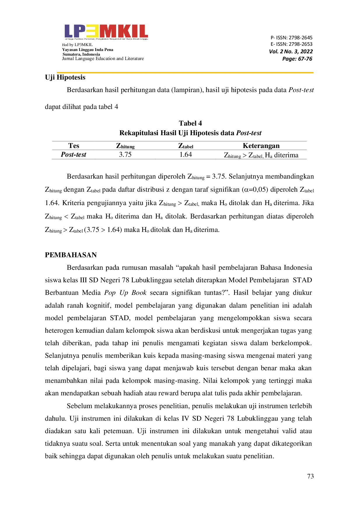 JURIS Penerapan Model STAD Berbantuan Media Pop Up Book pada Pembelajaran Bahasa Indonesia Kelas III SD Negeri 78 Lubuklinggau