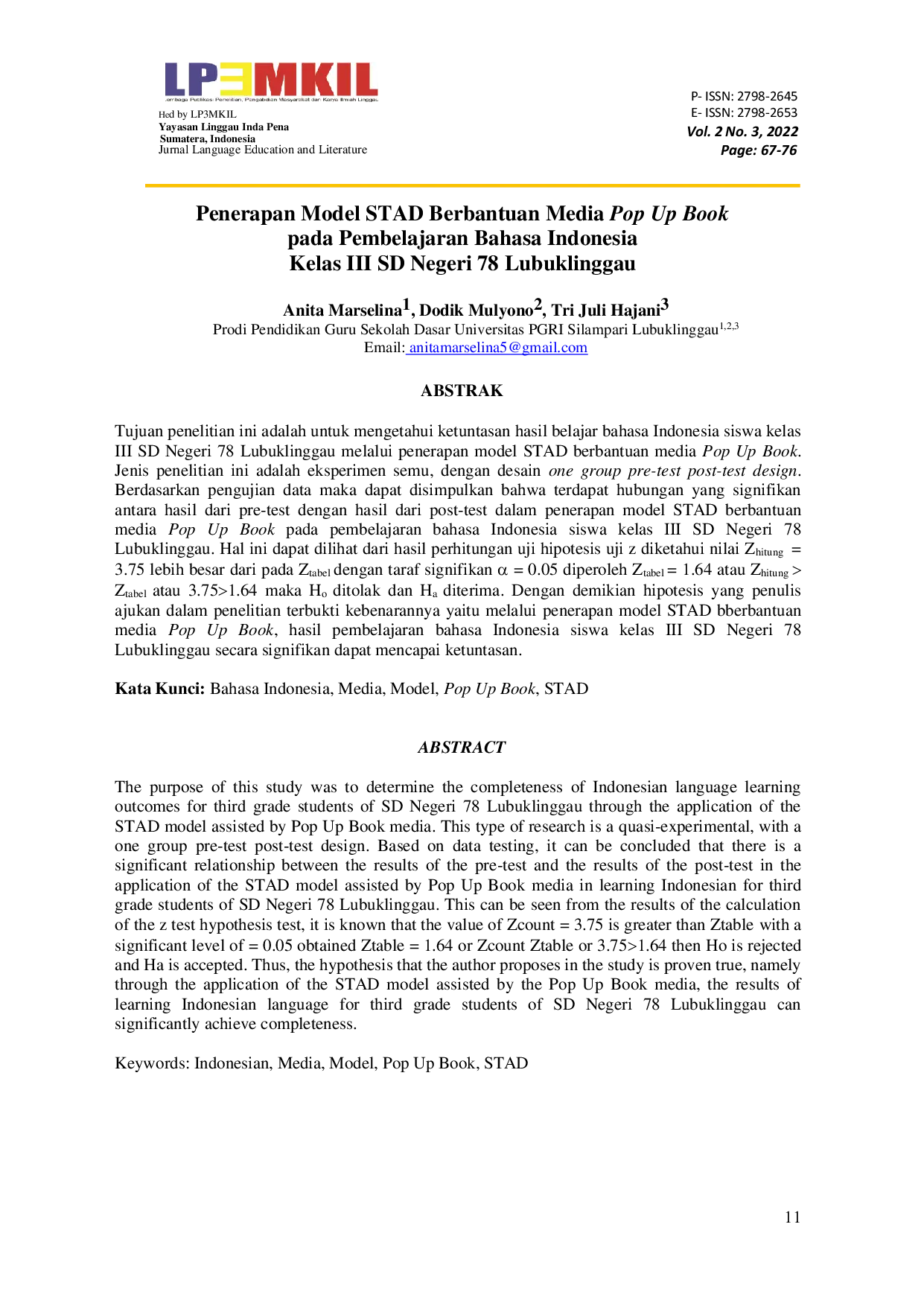 JURIS Penerapan Model STAD Berbantuan Media Pop Up Book pada Pembelajaran Bahasa Indonesia Kelas III SD Negeri 78 Lubuklinggau