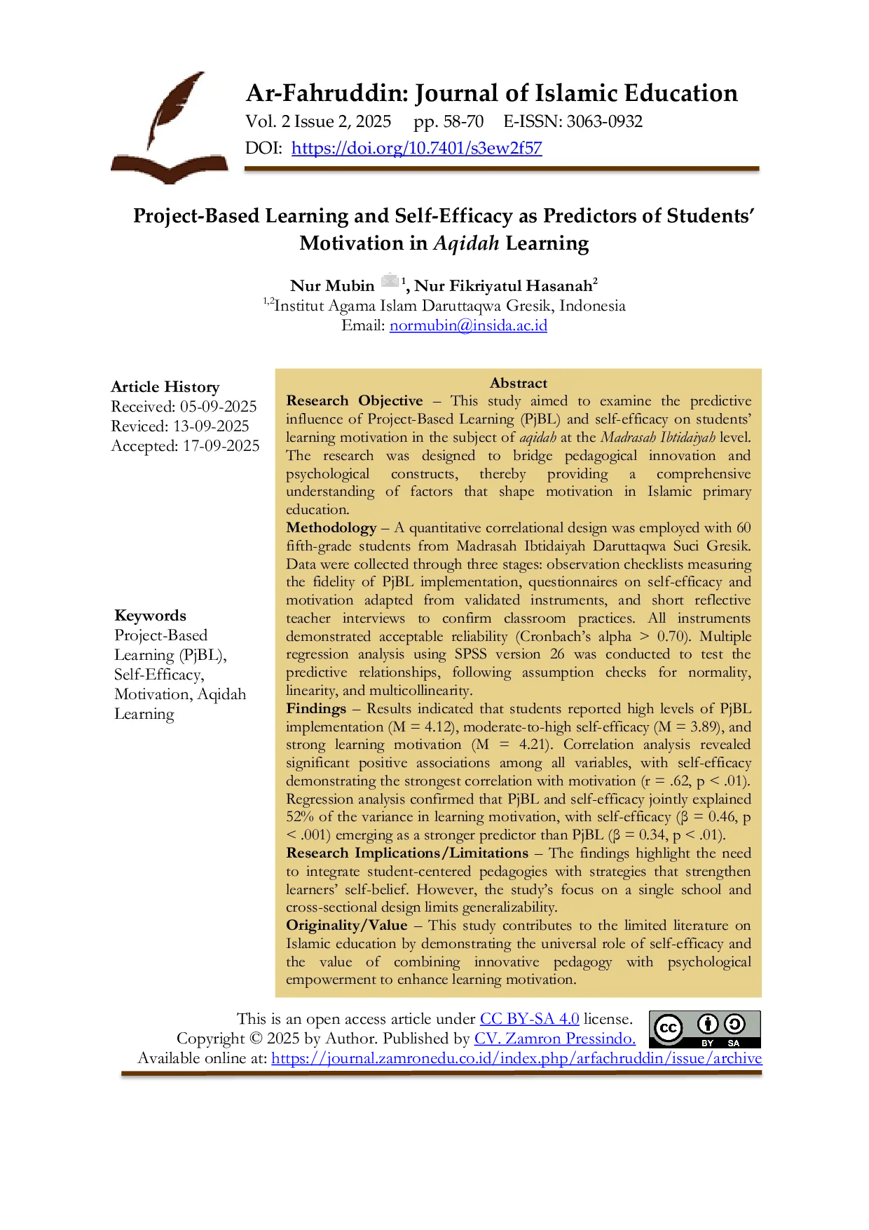 JURIS Project Based Learning and Self Efficacy as Predictors of Students Motivation in Aqidah Learning