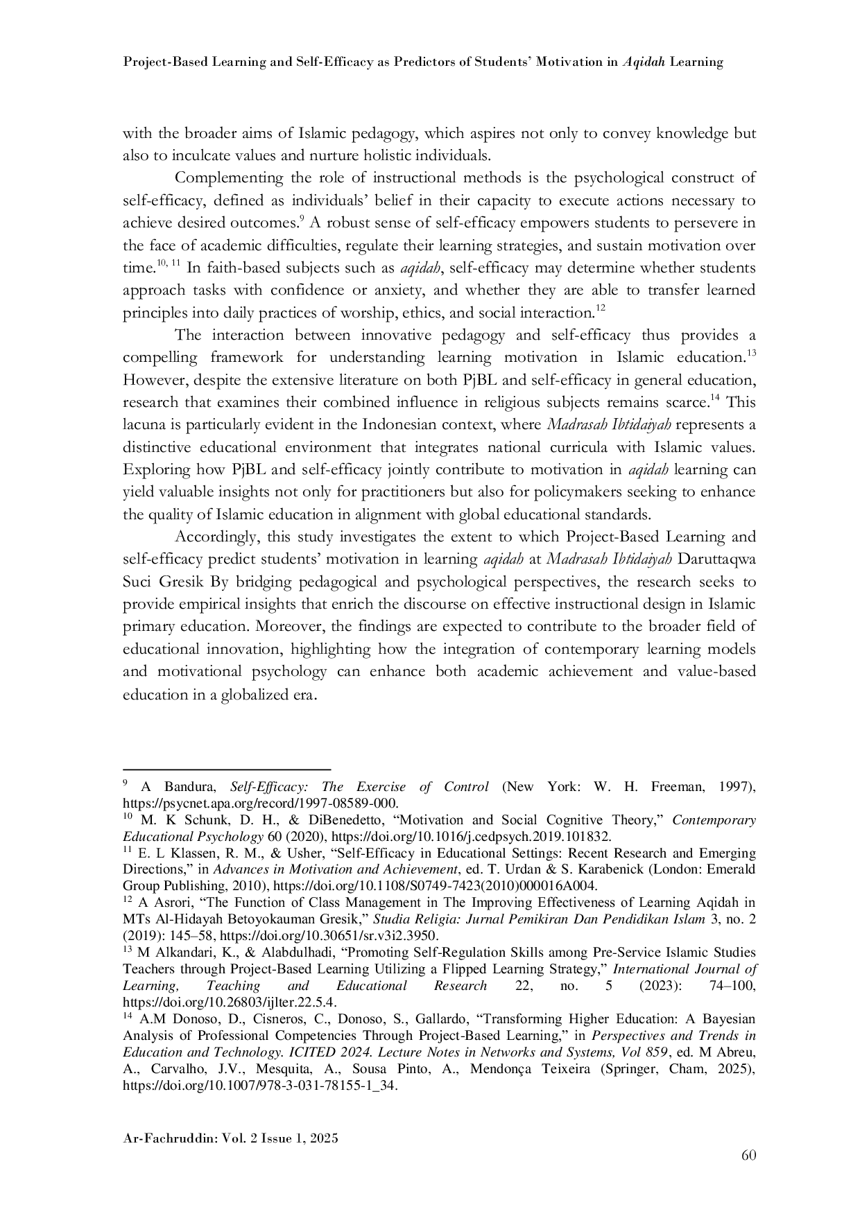 JURIS Project Based Learning and Self Efficacy as Predictors of Students Motivation in Aqidah Learning