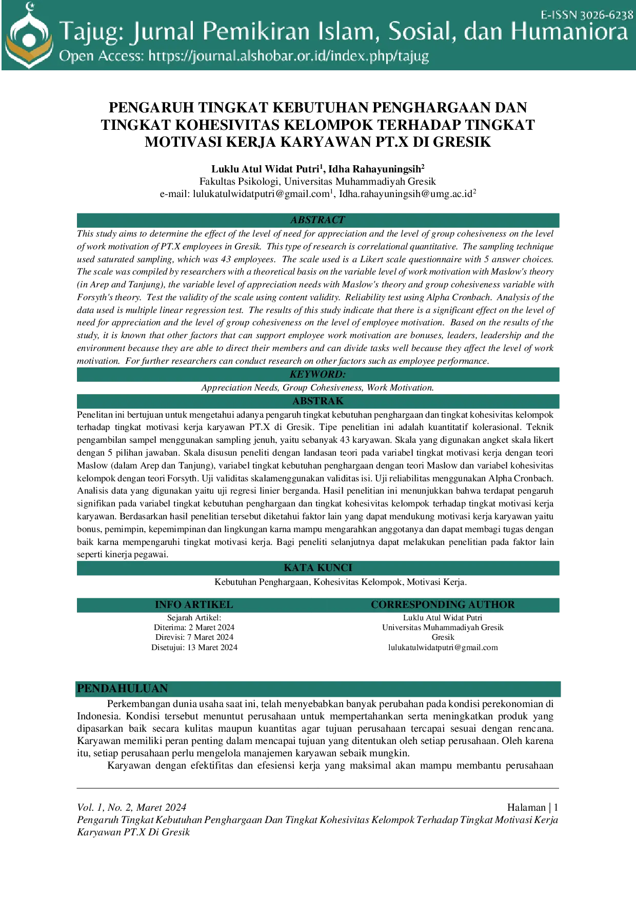 JURIS Pengaruh Tingkat Kebutuhan Penghargaan dan Tingkat Kohesivitas Kelompok Terhadap Tingkat Motivasi Kerja Karyawan PT X Di Gresik