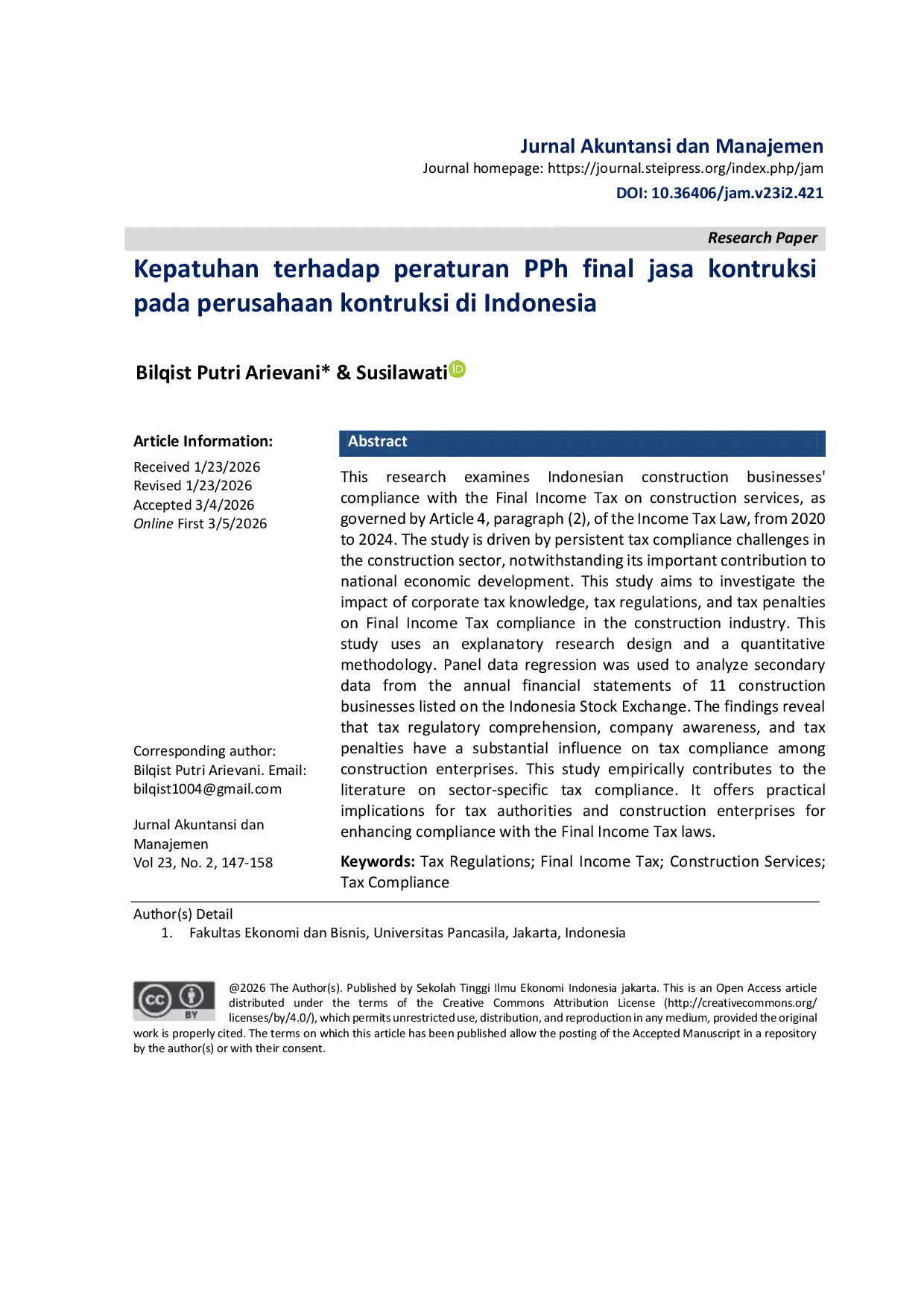 JURIS Kepatuhan terhadap peraturan PPh final jasa kontruksi pada perusahaan kontruksi di Indonesia