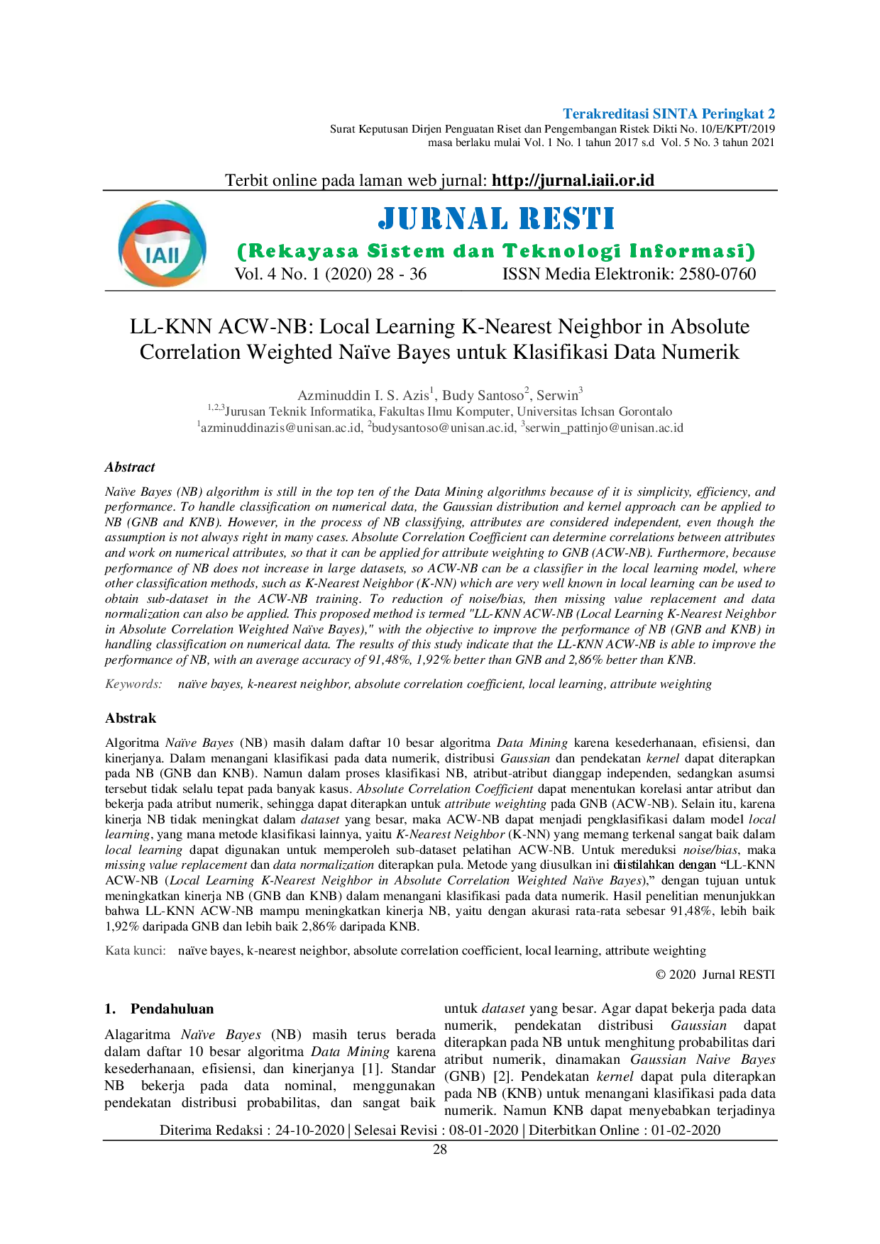 JURIS Ll Knn Acw Nb Local Learning K Nearest Neighbor in Absolute Correlation Weighted Na ve Bayes