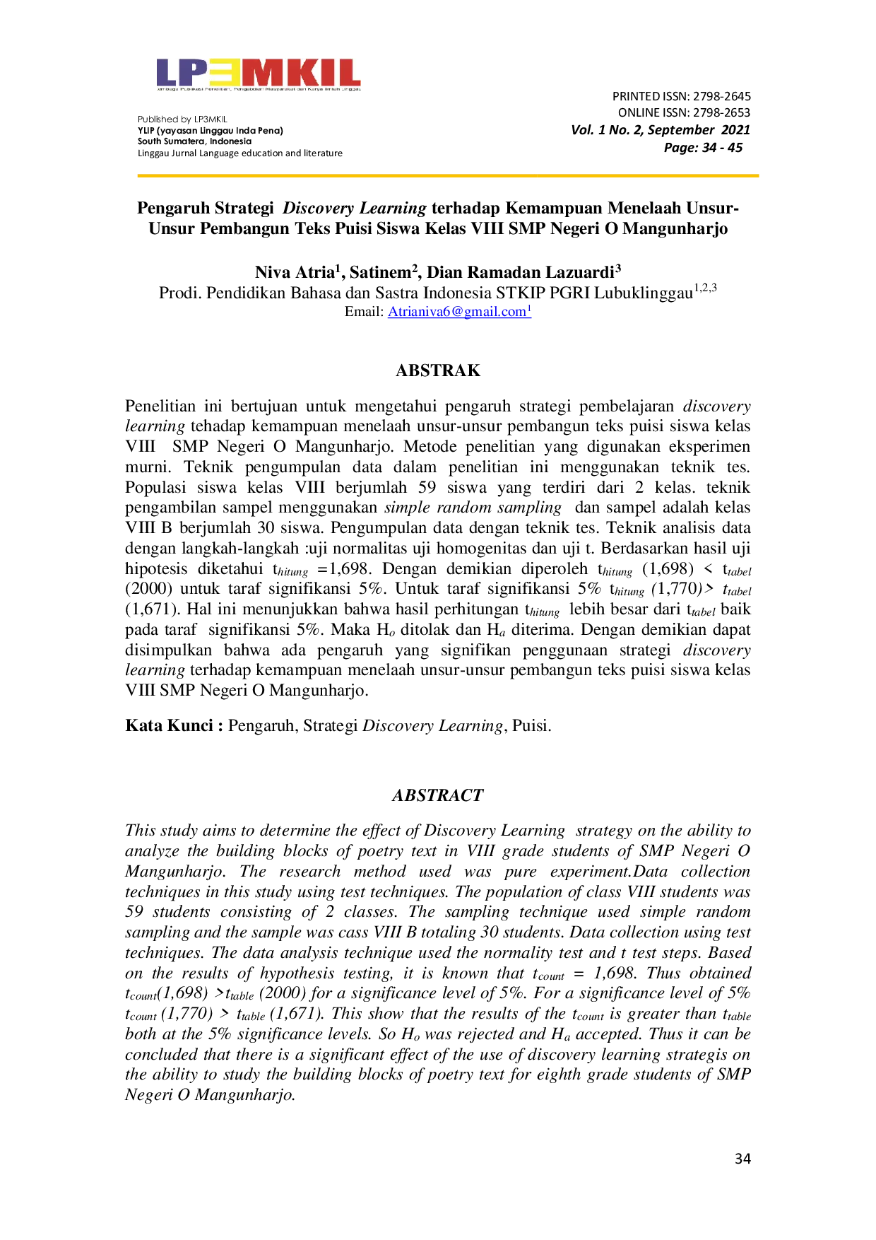 JURIS Pengaruh Strategi Discovery Learning terhadap Kemampuan Menelaah Unsur unsur Pembangun Teks Puisi Siswa Kelas VIII SMP Negeri O Mangunharjo