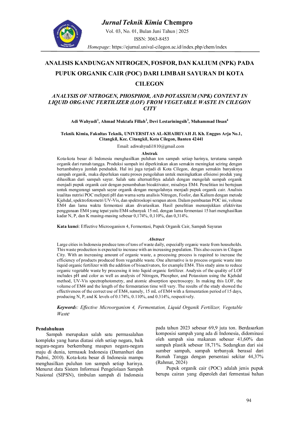JURIS Analisis Kandungan Nitrogen Fosfor dan Kalium NPK pada Pupuk Organik Cair POC dari Limbah Sayuran di Kota Cilegon