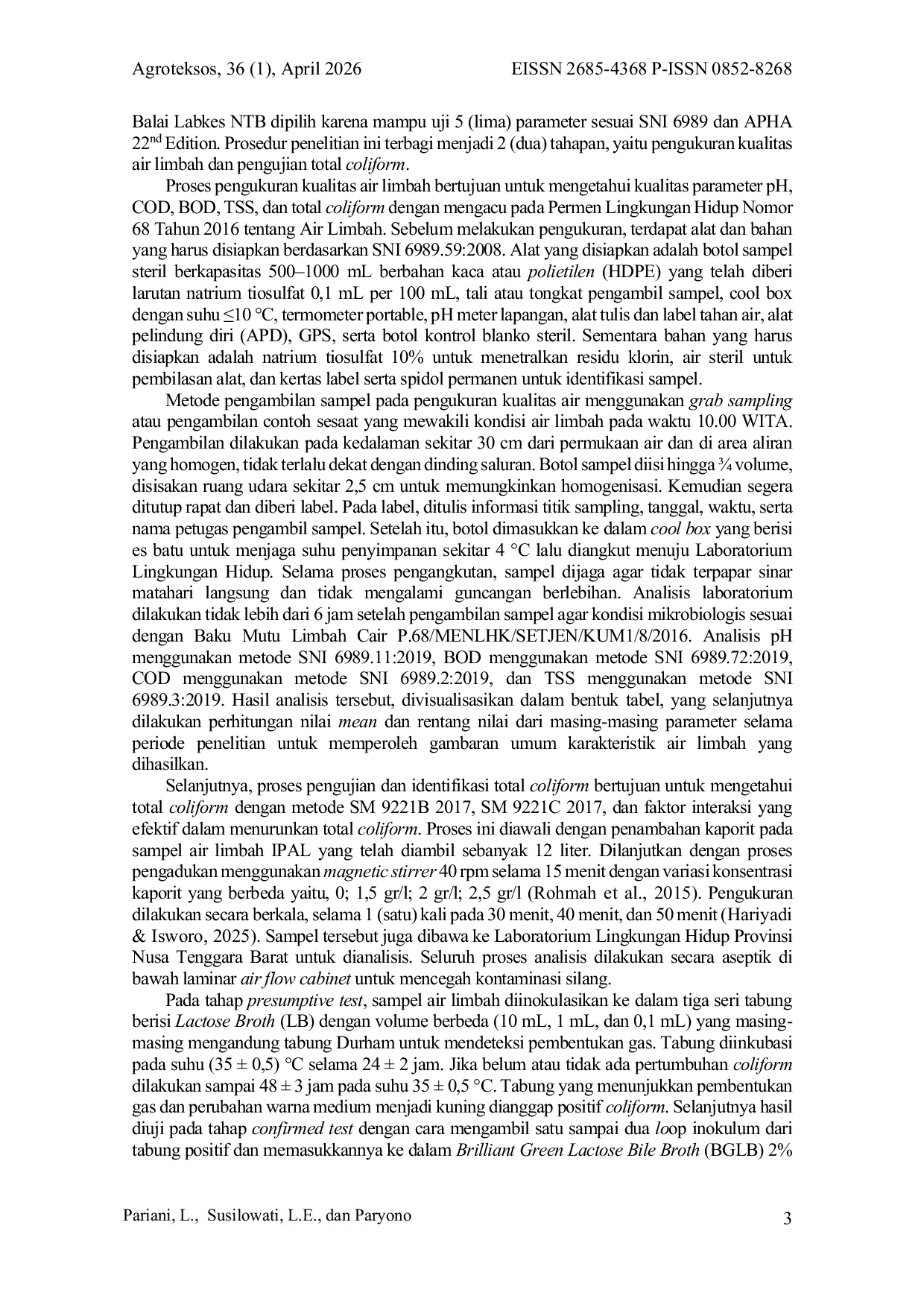 JURIS PENINGKATAN KUALITAS AIR LIMBAH MENGGUNAKAN KAPORIT STUDI KASUS TOTAL COLIFORM PADA IPAL PUSKESMAS GUNUNGSARI KABUPATEN LOMBOK BARAT